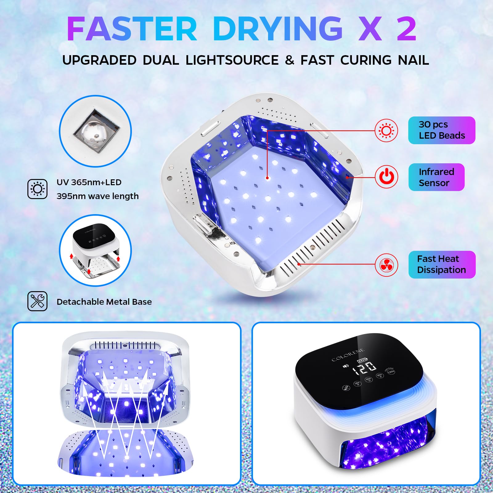 60W Cordless UV LED Nail Lamp - Rechargeable Gel Polish Dryer with Auto Sensor & LCD Display | Portable 30 Beads Nail Light with 4 Timer Settings (White) | Perfect for Home Manicures, Salon Nail Art & Travel Gel Polish Curing