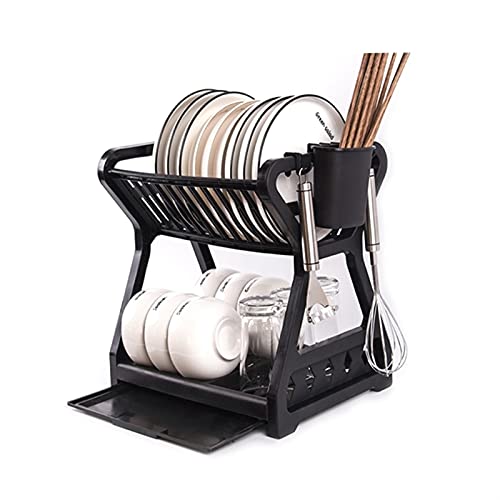 SHIJIANX Double-Layer Dish Drying Rack with Chopstick Holder - Space Saving Kitchen Organizer for Plates, Bowls & Utensils | Perfect for Small Kitchens & Countertop Storage (Black)