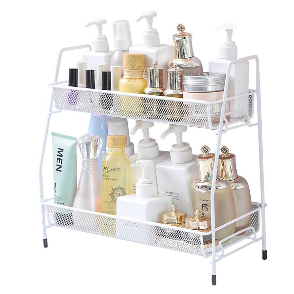 2-Tier Spice Rack Organizer for Kitchen Countertop - Bathroom Shelf & Makeup Organizer - Small Storage Rack for Bedroom, Office - Space Saving White Organizer for Spices, Cosmetics & Essentials