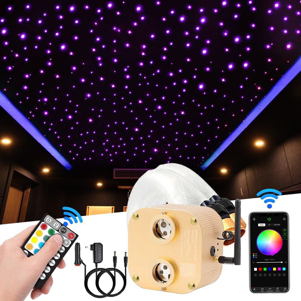20W Dual Port Bluetooth RGBW LED Fiber Optic Star Ceiling Light Kit with Twinkle Effect - APP & Music Sync Control for Cars, Bedrooms & Home Decor - Includes 700pcs 0.03in 9.8ft Optical Fibers (Perfect for Romantic Ambiance, Gaming Rooms & Custom Lighting Projects)