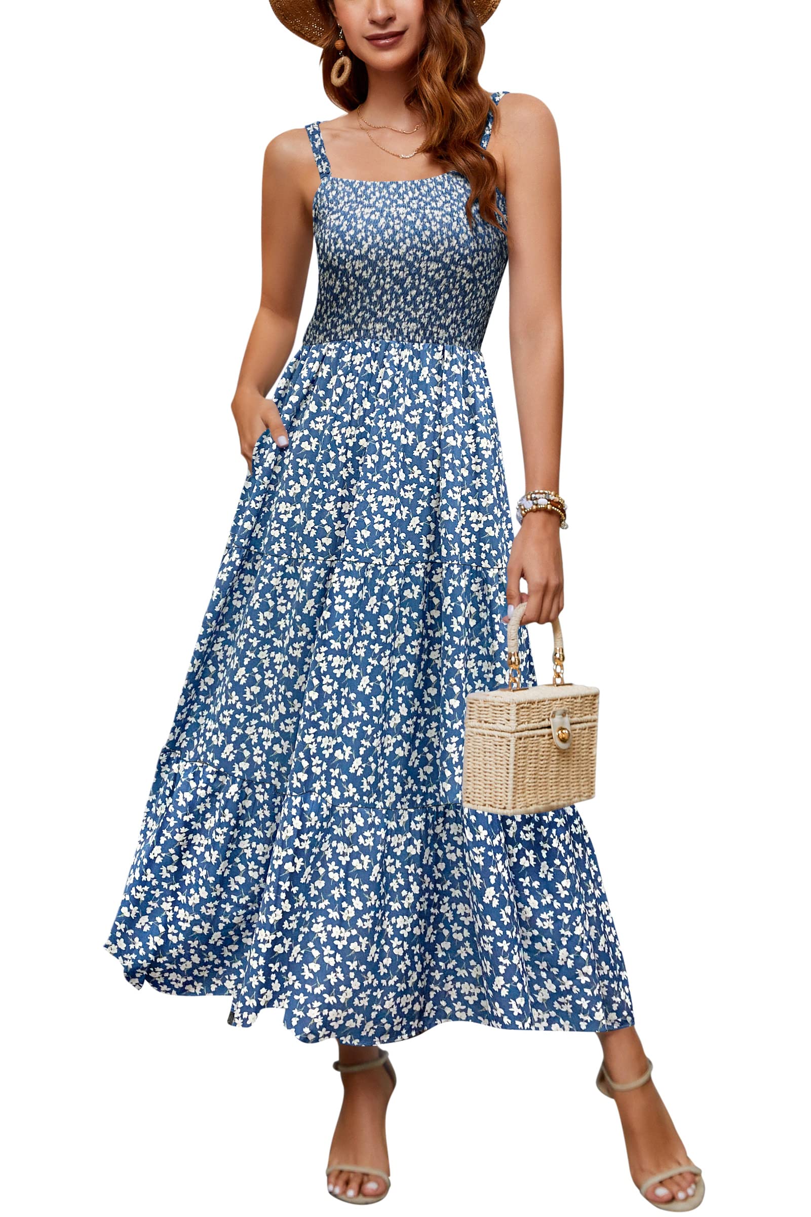 MOLERANI Women's Summer Maxi Dress - Casual Boho Sleeveless Spaghetti Strap Smocked Tiered Long Beach Sun Dress for Vacation, Beach Party & Outdoor Date Night