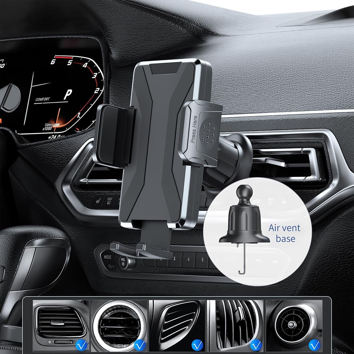 360° Rotating Car Air Vent Phone Mount - Adjustable Hands-Free Holder for iPhone 14/13/12 Pro Max & Android Smartphones | Perfect for GPS Navigation & Safe Driving (Black)