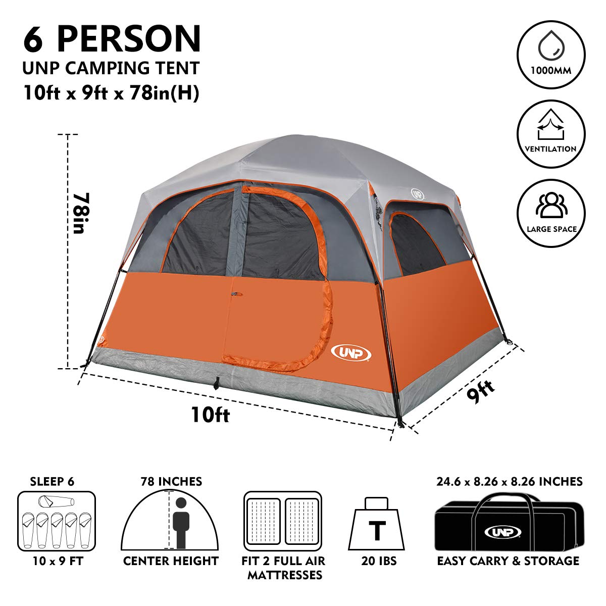 UNP 6-Person Waterproof Windproof Family Camping Tent - Double Layer, Easy Setup with 1 Mesh Door & 5 Large Windows (10'x9'x78