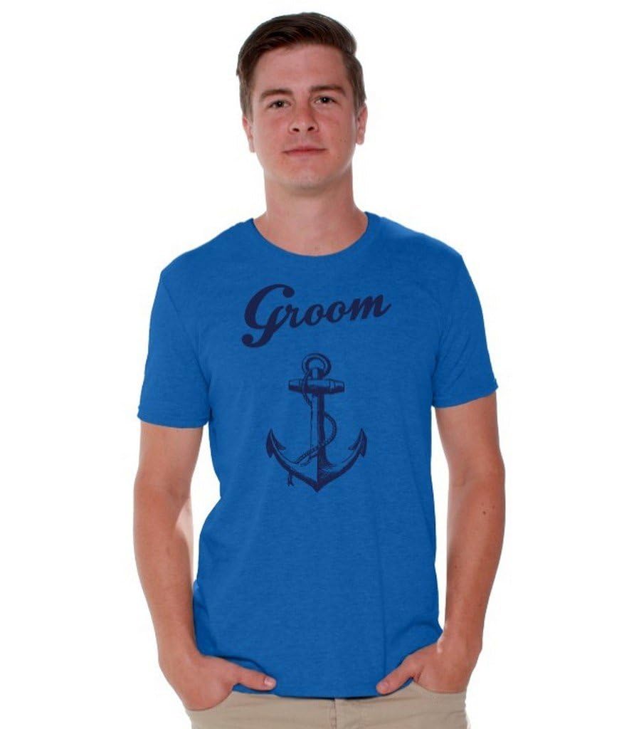 Awkwardstyles Men's Groom Blue Anchor Print T-Shirt - Casual Beach Wedding Party Shirt for Summer Vacation, Surfing & Tropical Getaways