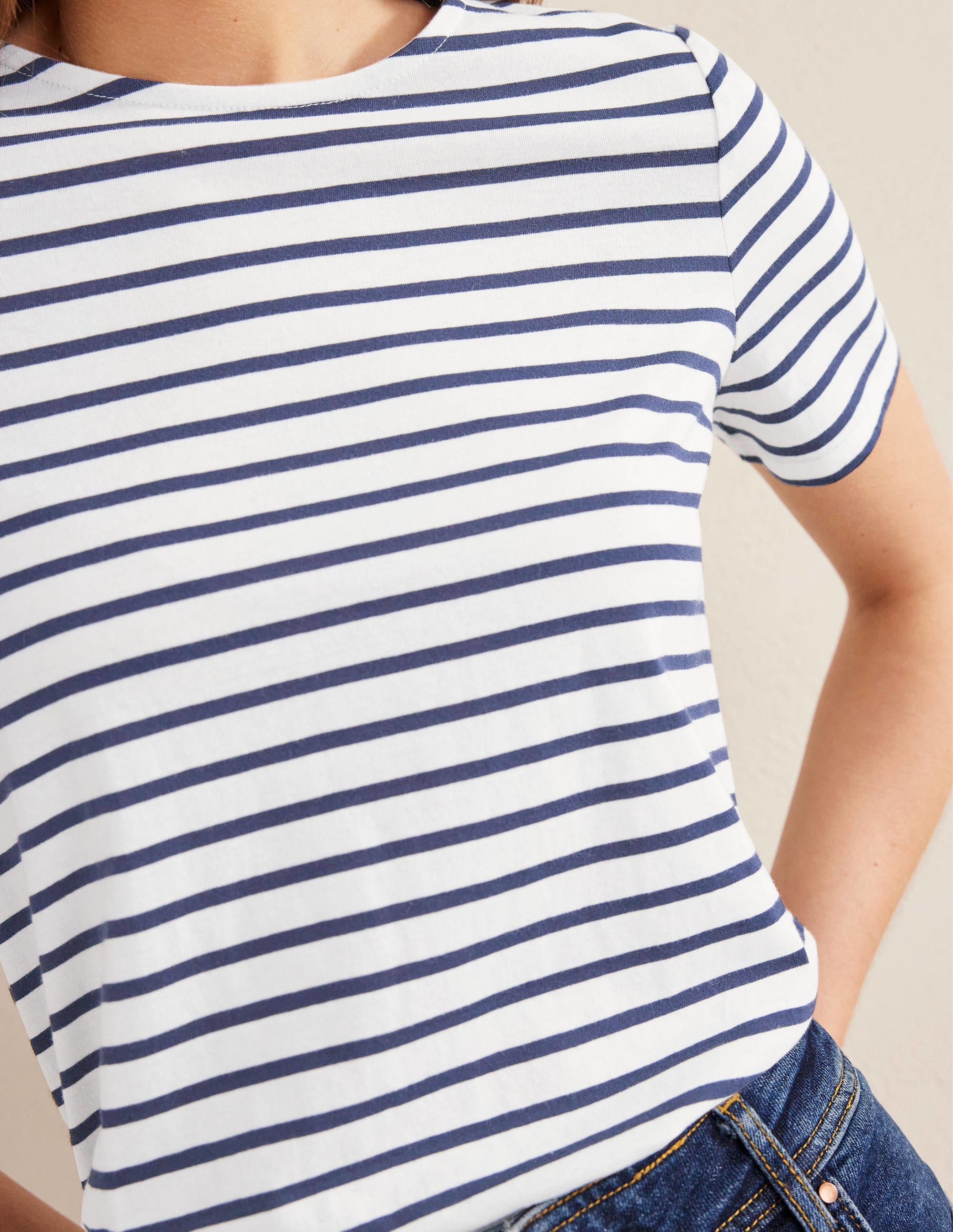 Bea Short Sleeve Breton Stripe Top - Ivory & Navy Striped Cotton T-Shirt for Women | Casual Summer Outfit, Weekend Wear & Beach Vacation Style