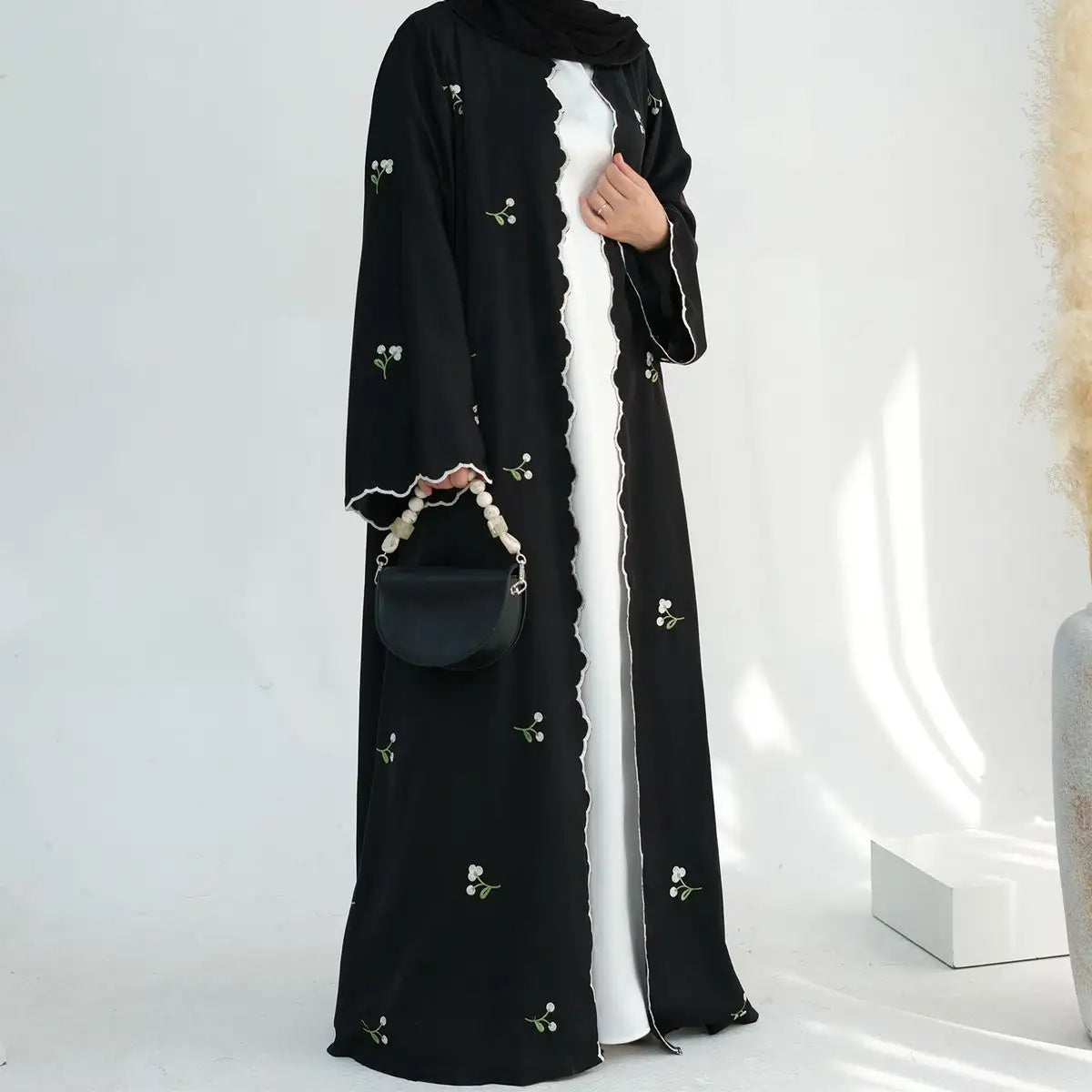 Elegant Floral Embroidered Open Front Abaya Dress for Women - Boho Chic Cardigan Cover Up - Perfect for Prayer, Mosque, and Special Occasions
