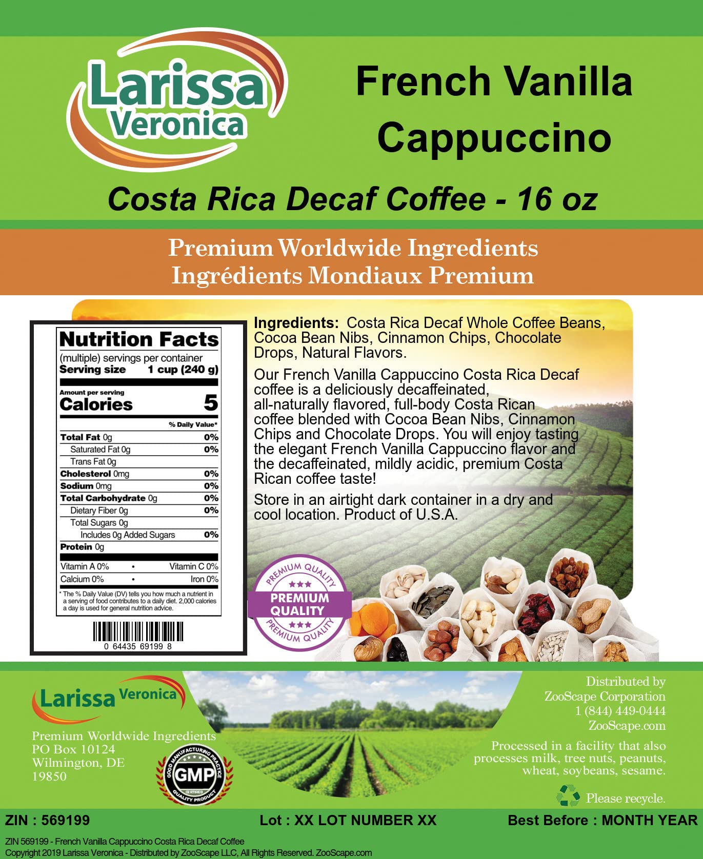 Premium French Vanilla Cappuccino Costa Rica Decaf Whole Coffee Beans - Gourmet Naturally Flavored, 16 oz (2 Pack) - Perfect for Home Brewing, Office Coffee Break & Gift Giving
