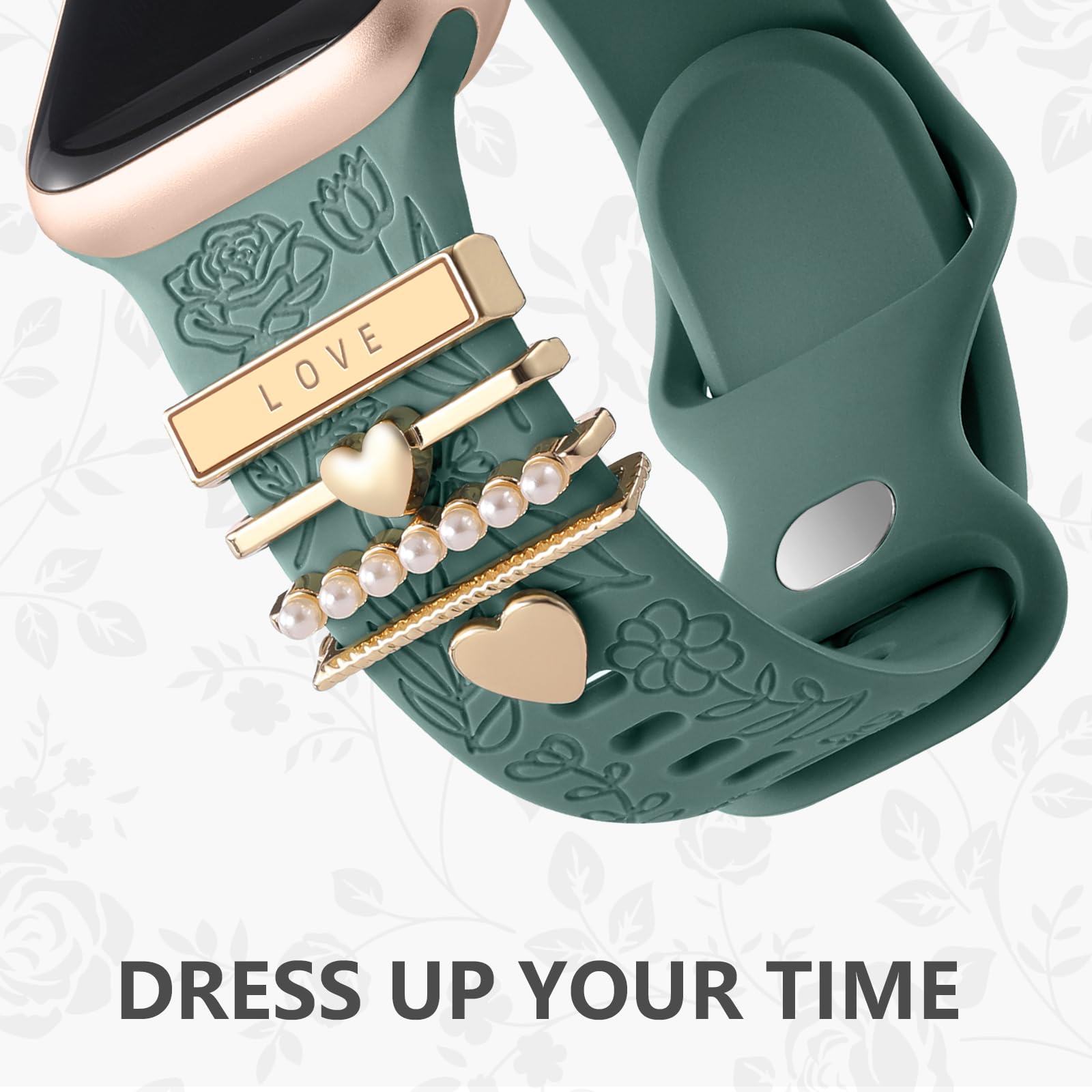 DaQin Floral Engraved Silicone Band Compatible with Apple Watch 38mm 40mm 41mm 42mm 44mm 45mm - Women's Fashion Strap with Charms for iWatch Series SE/1/2/3/4/5/6/7/8/9 - Perfect for Workouts, Office & Everyday Wear