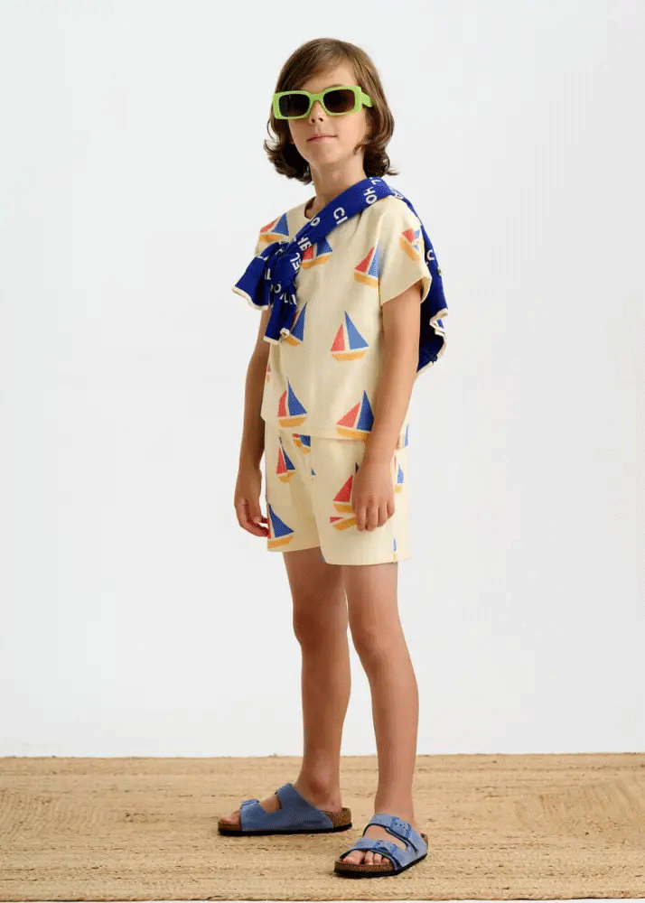 Bonnie Mob Kids Multicolor Sailboat Terry Cotton T-Shirt - Soft & Comfortable Top for Boys & Girls - Perfect for Playtime, School & Everyday Wear