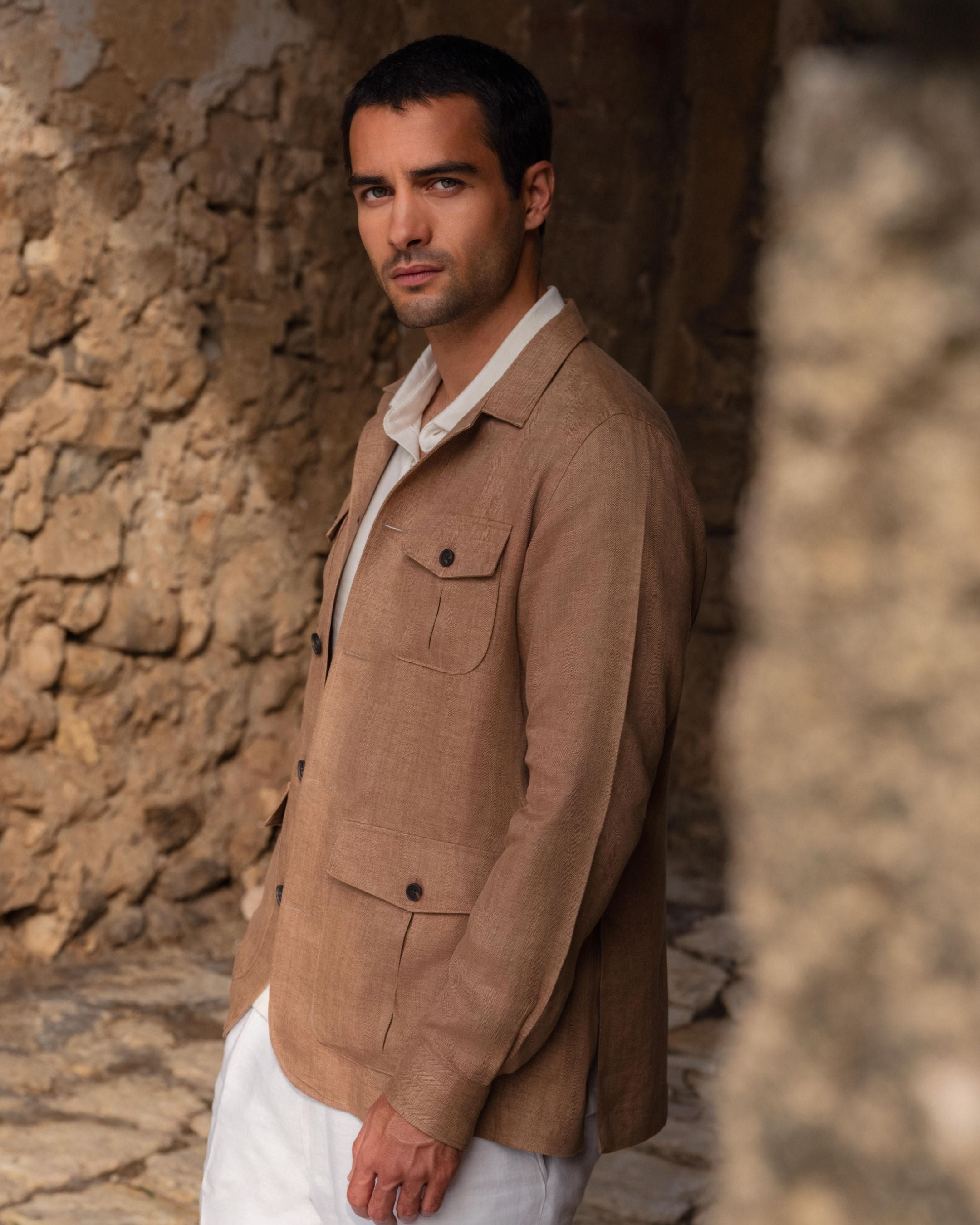 Men's Safari Linen Jacket - Lightweight Breathable Tan Brown Outdoor Adventure Travel Jacket for Hiking, Camping & Safari Trips