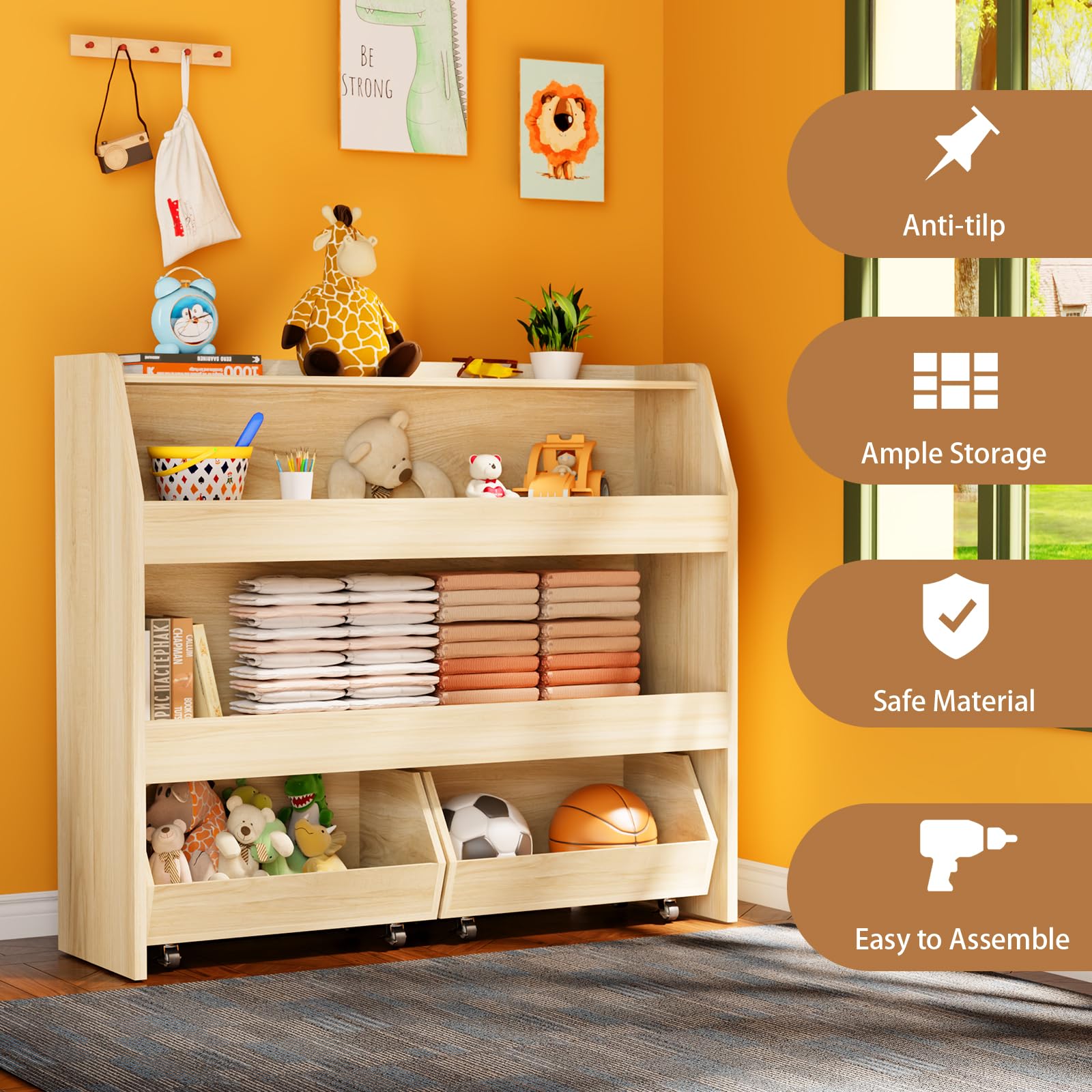 COZPAW 3-Tier Wooden Toy Storage Organizer with Removable Drawers - Kids Bookshelf & Toy Cabinet for Bedroom, Nursery, Living Room - Perfect for Organizing Toys, Books & Kids' Room Decor