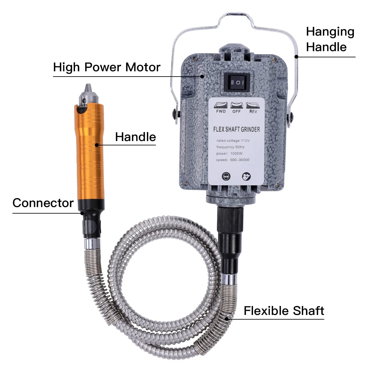 1000W 30000RPM Electric Flex Shaft Rotary Tool with Foot Pedal Control - Hanging Grinder & Carver with Forward/Reverse Rotation - Multi-Function DIY Craft Kit with Accessories for Carving, Buffing, Polishing, Engraving & Jewelry Making - Perfect for Woodworking, Metalworking & Home Improvement Projects
