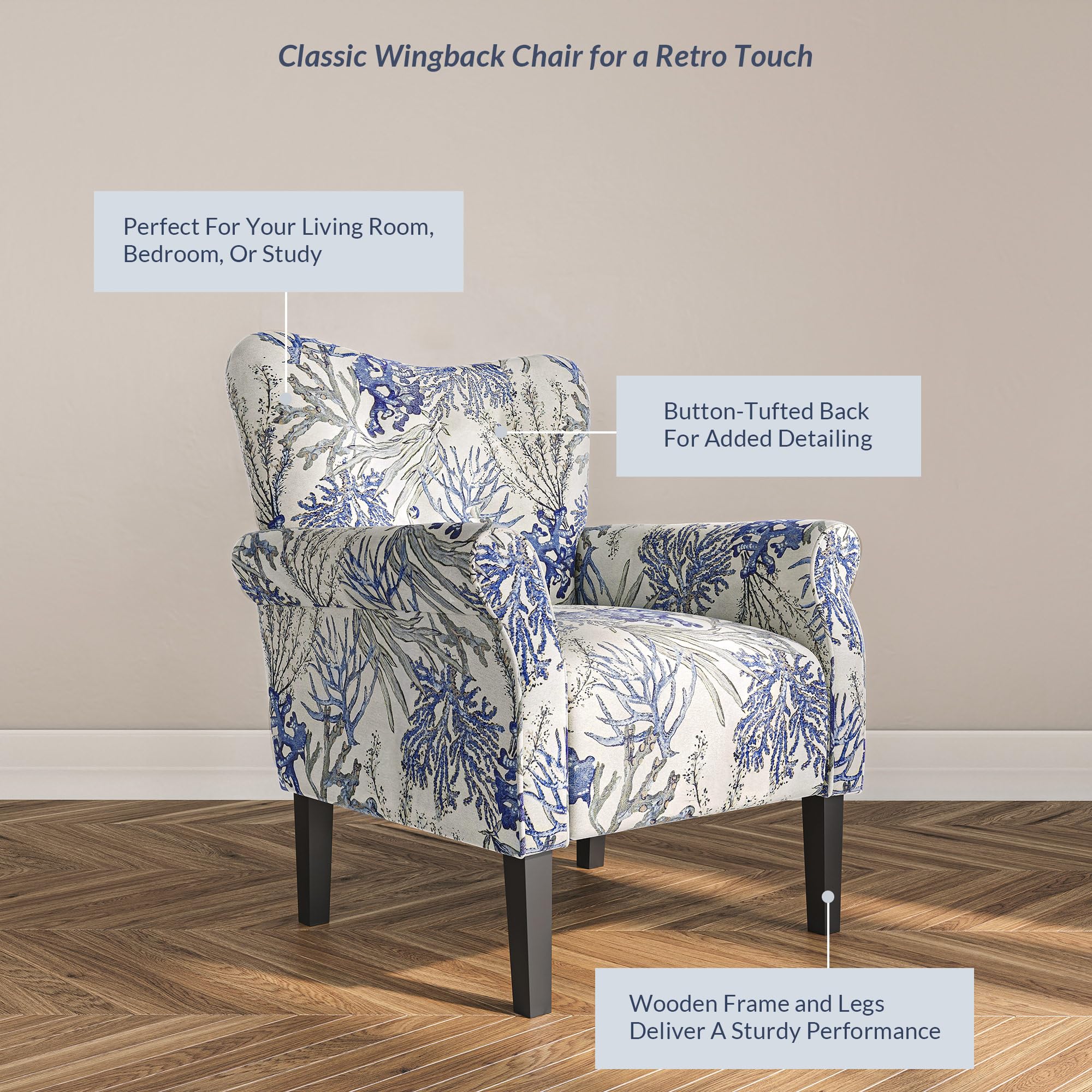 BELLEZE Modern Accent Chair with High Back & Wooden Legs - Blue Coral Upholstered Wingback Armchair for Living Room, Bedroom, Office | Comfortable Linen Fabric & Padded Armrests for Relaxing, Reading & Home Decor