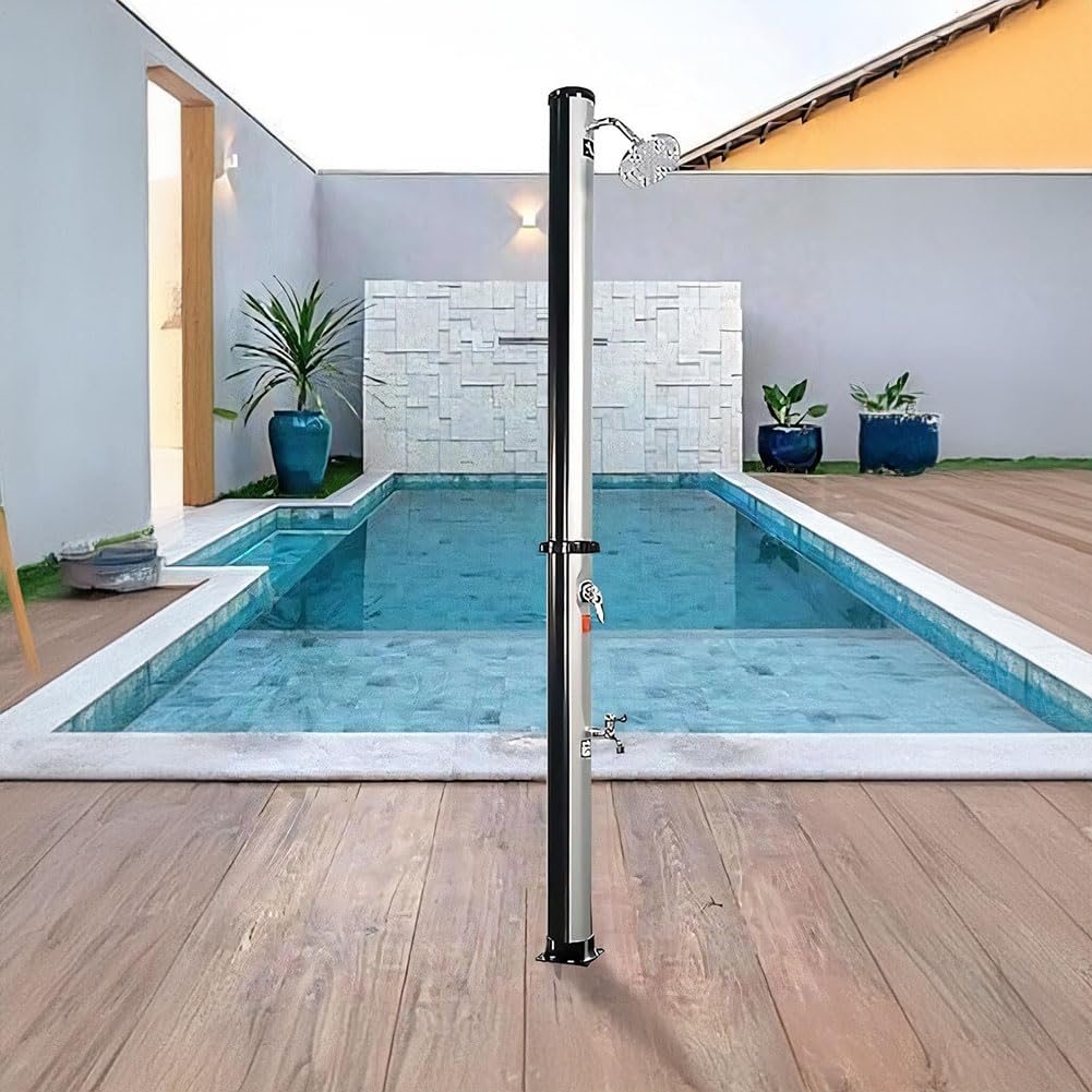 6.5 FT 5.3 Gallon Outdoor Solar-Heated Shower with 360° Rotating Shower Head & Foot Tap - Portable Camping, Beach, Poolside, Garden Shower for RV, Backyard, and Outdoor Adventures (Silver)
