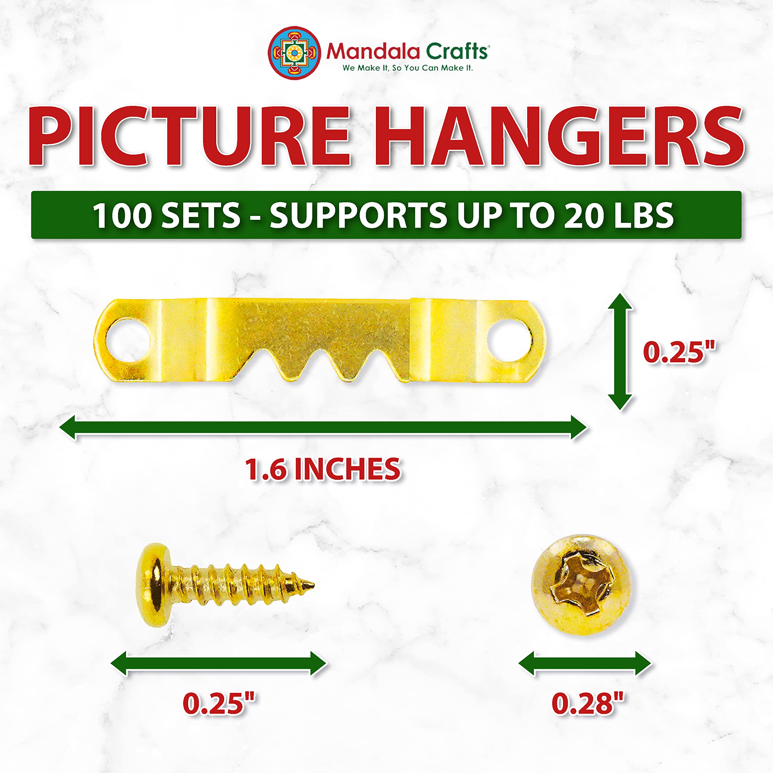 Mandala Crafts Sawtooth Picture Hangers - 100 Sets Small Gold Picture Frame Hanging Hardware Kit with Screws for Canvas, Wood Art & Wall Decor | Perfect for Home Gallery, Office Display & DIY Projects