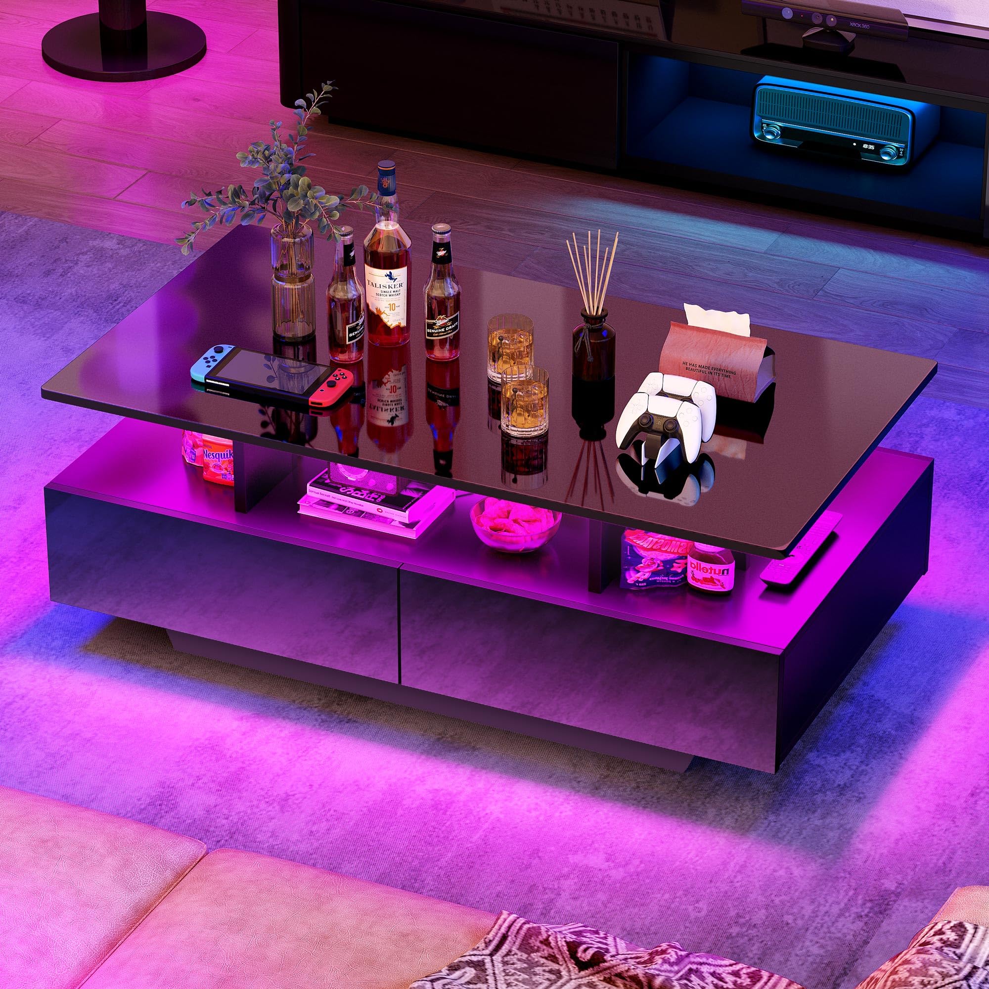 YITAHOME Modern LED Coffee Table with Storage - High Glossy Living Room Center Table with Open Display Shelf & Sliding Drawers - Black End Table for Small Spaces - Perfect for Entertaining, Movie Nights & Cozy Home Decor
