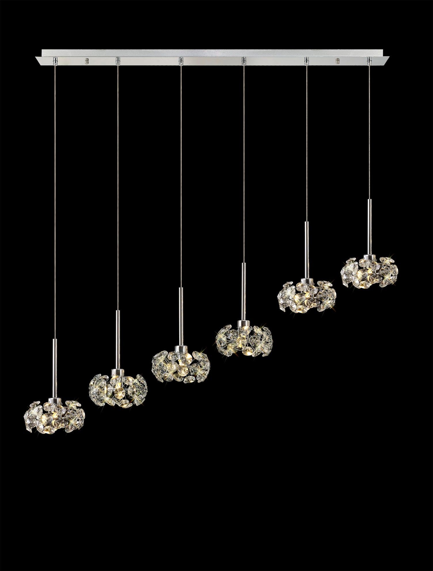 Bellagio 6-Light G9 LED Linear Pendant Light - 2m Polished Chrome Finish with Crystal Shade - Modern Dining Room & Kitchen Island Lighting Fixture