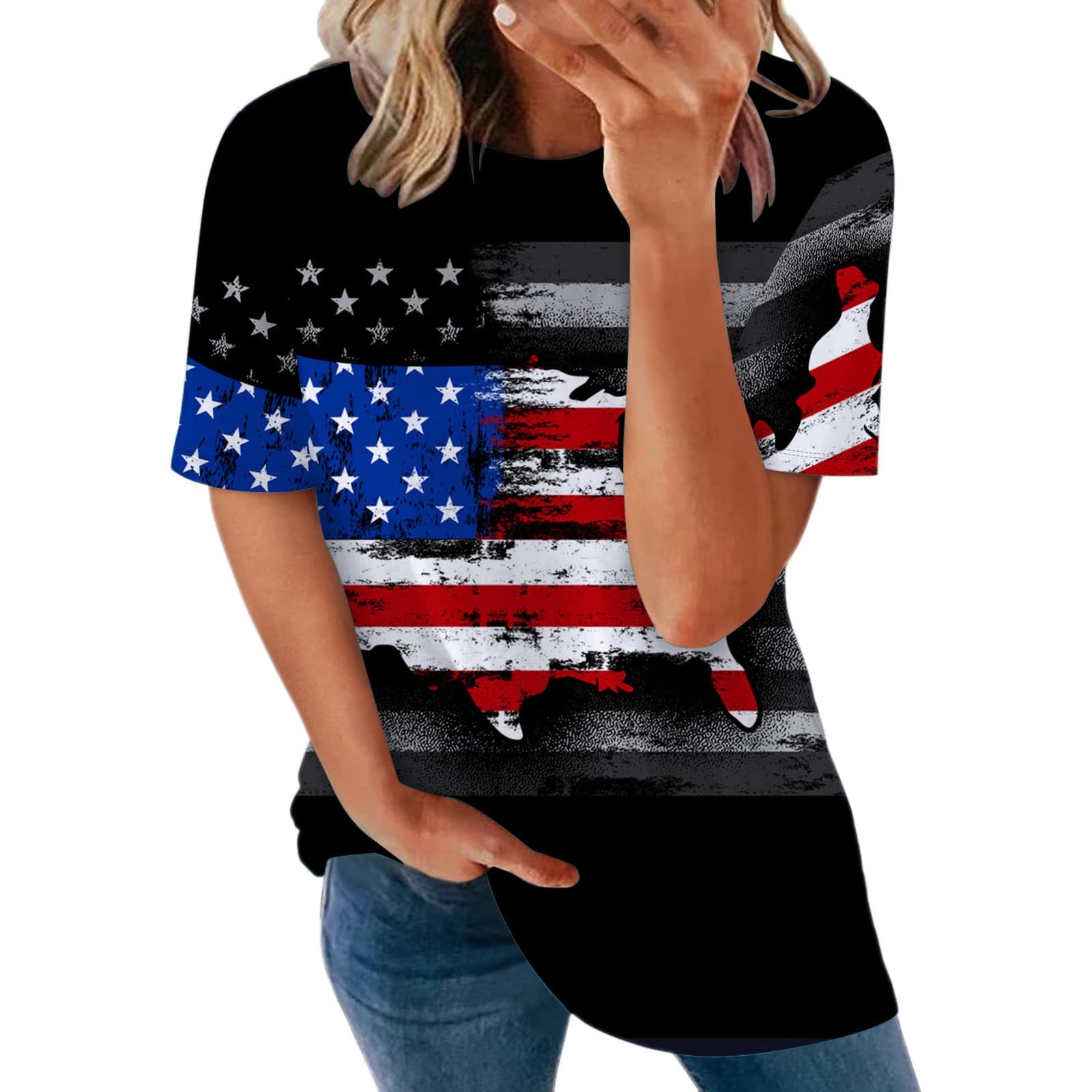 Women's Short Sleeve Casual T-Shirt - USA Flag Print Summer Top - Comfortable O-Neck Tee for Beach, BBQ, and Patriotic Events