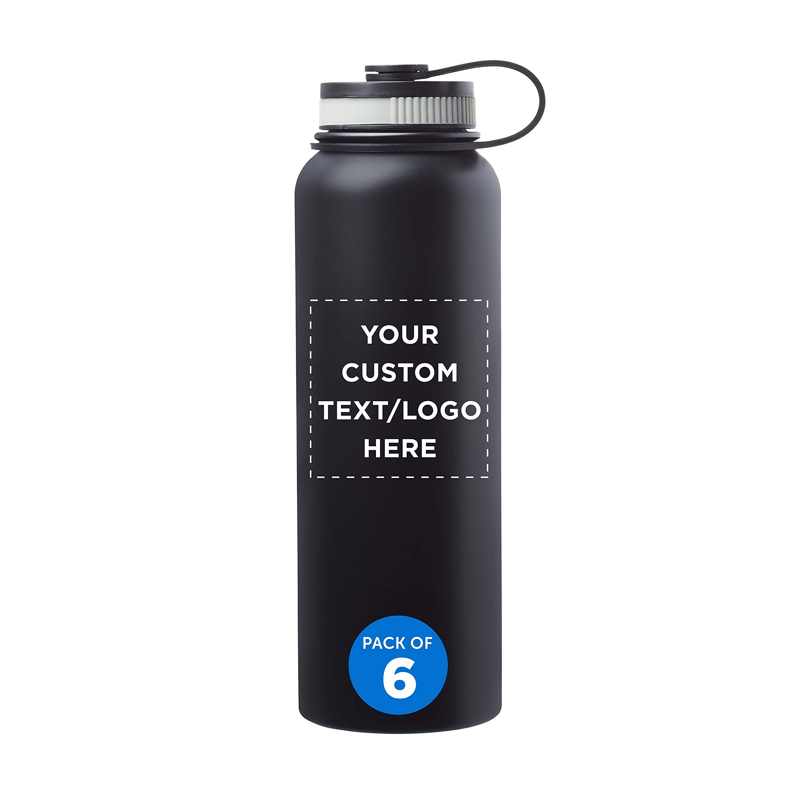 6 Pack 41 oz Stainless Steel Vacuum Insulated Water Bottles - Double Wall Thermal Design, Custom Text & Logo, Black - Perfect for Gym, Hiking, Camping & Office Use