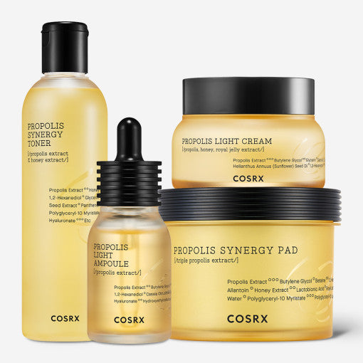 COSRX Full Fit Propolis Honey Glow Skin Care 4 Piece Set - Hydrating & Brightening Face Moisturizer Kit for Dry & Dull Skin - Perfect for Daily Skincare Routine & Nighttime Regimen