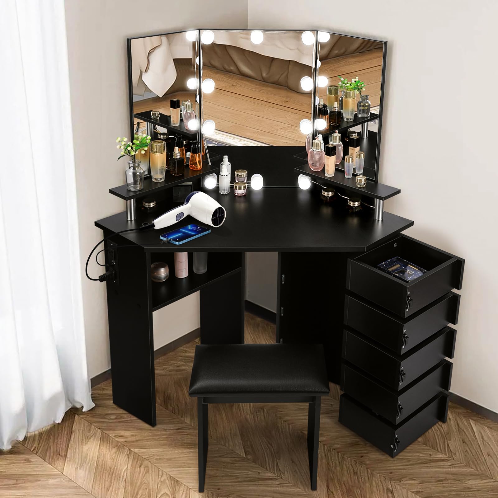 VOWNER Lighted Makeup Vanity Desk with Power Outlet - Adjustable 3-Color LED Mirror & 5 Rotating Drawers, Vanity Table with Stool & Shelves for Bedroom (Black) - Perfect for Beauty Routines & Small Space Organization