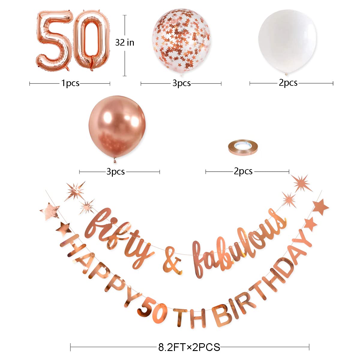 50th Birthday Decorations - Rose Gold 'Fifty & Fabulous' Banner Garland, Foil Balloon & Backdrop Set for Women's Milestone Party | Cheers to 50 Years Celebration Supplies | Perfect for Hanging Decor, Photo Backdrops & Birthday Party Themes