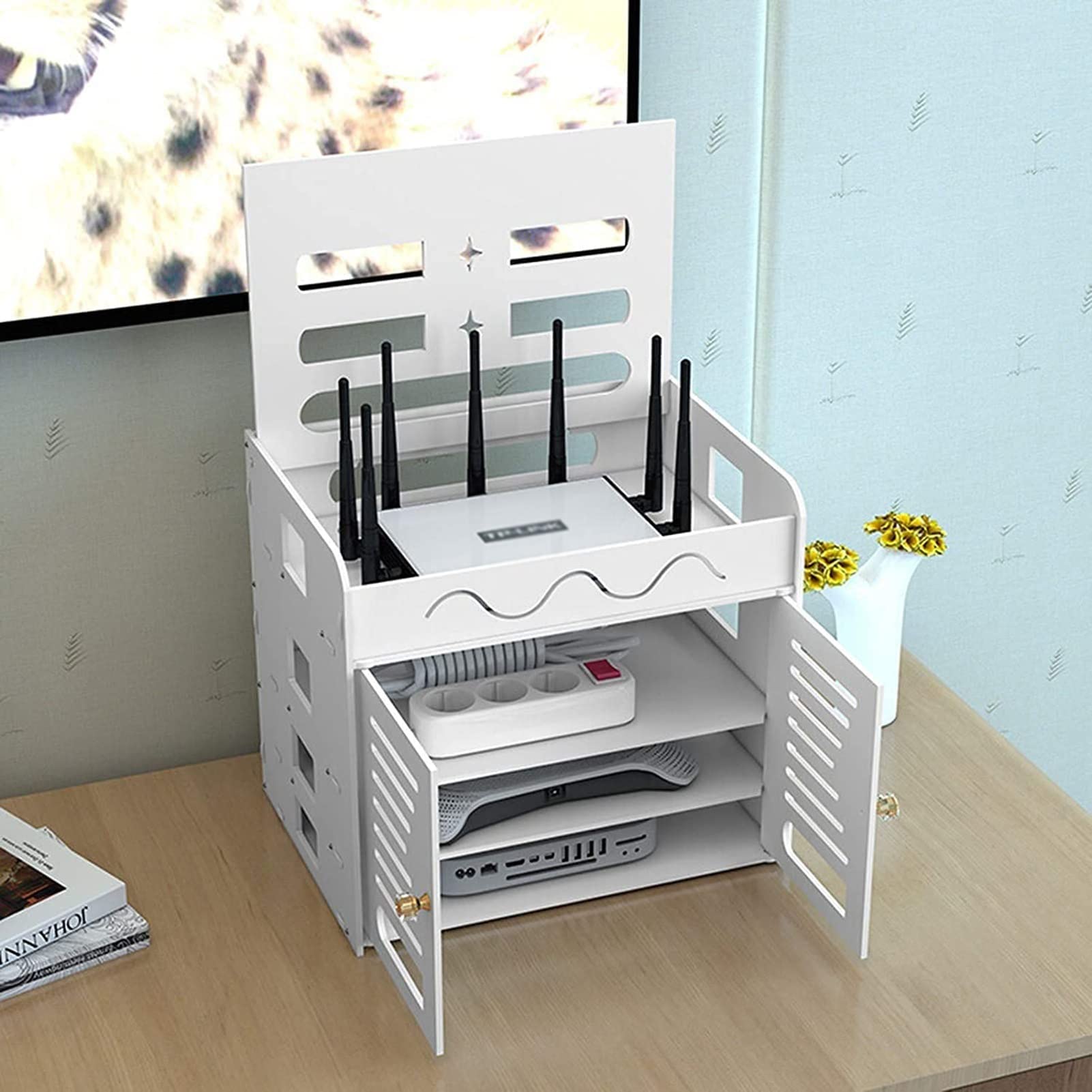 Wireless Router Storage Box - Floating TV Stand & WiFi Router Organizer | Wall Mount Cable Management Hide Box for Power Chargers | White | Perfect for Living Room & Home Office Organization