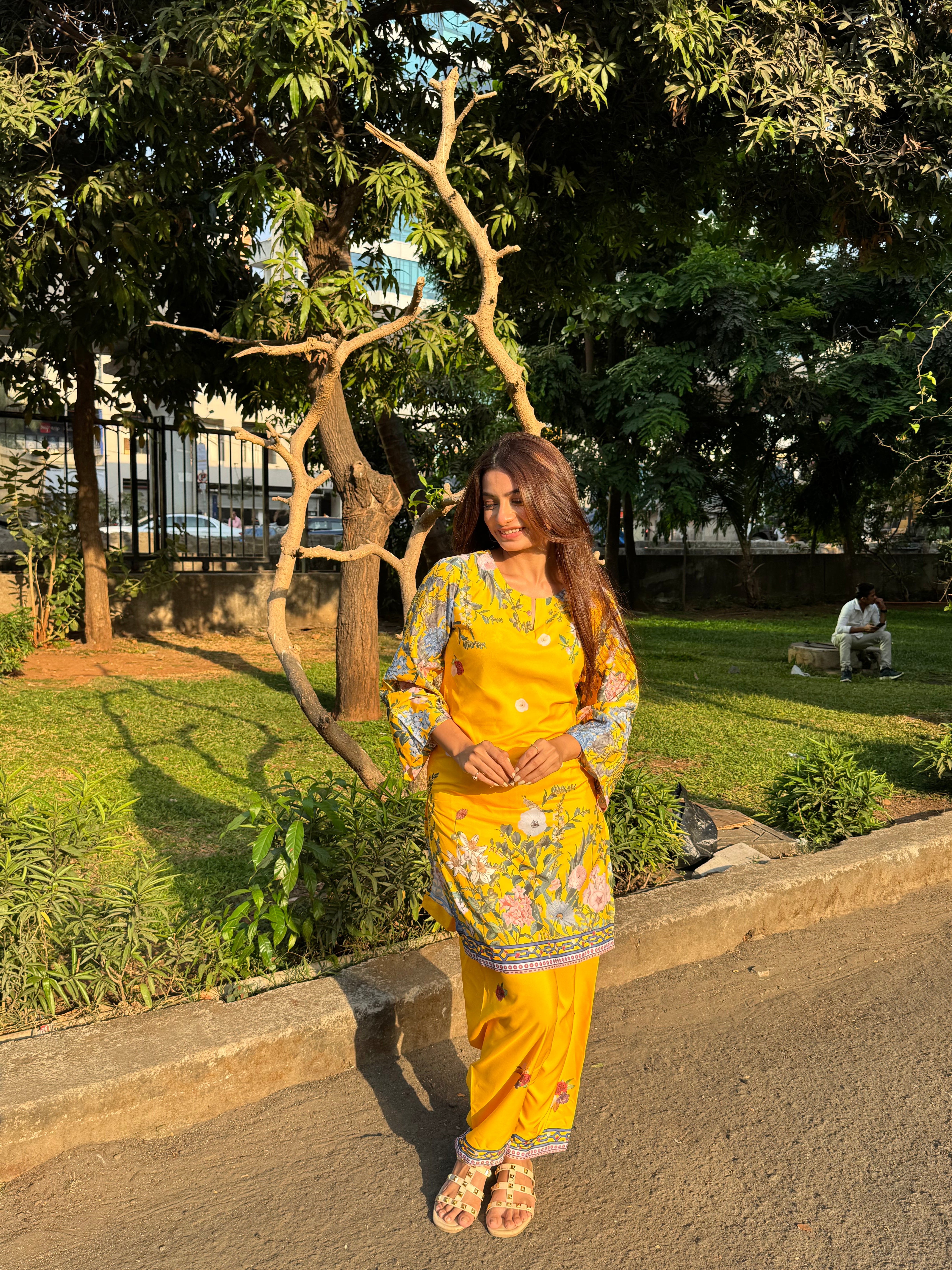 Stylish Nidhi Printkari Poly Muslin Co-Ord Set in Yellow | Women's Fashion Outfit for Casual Wear, Summer Dresses & Boho Chic Style