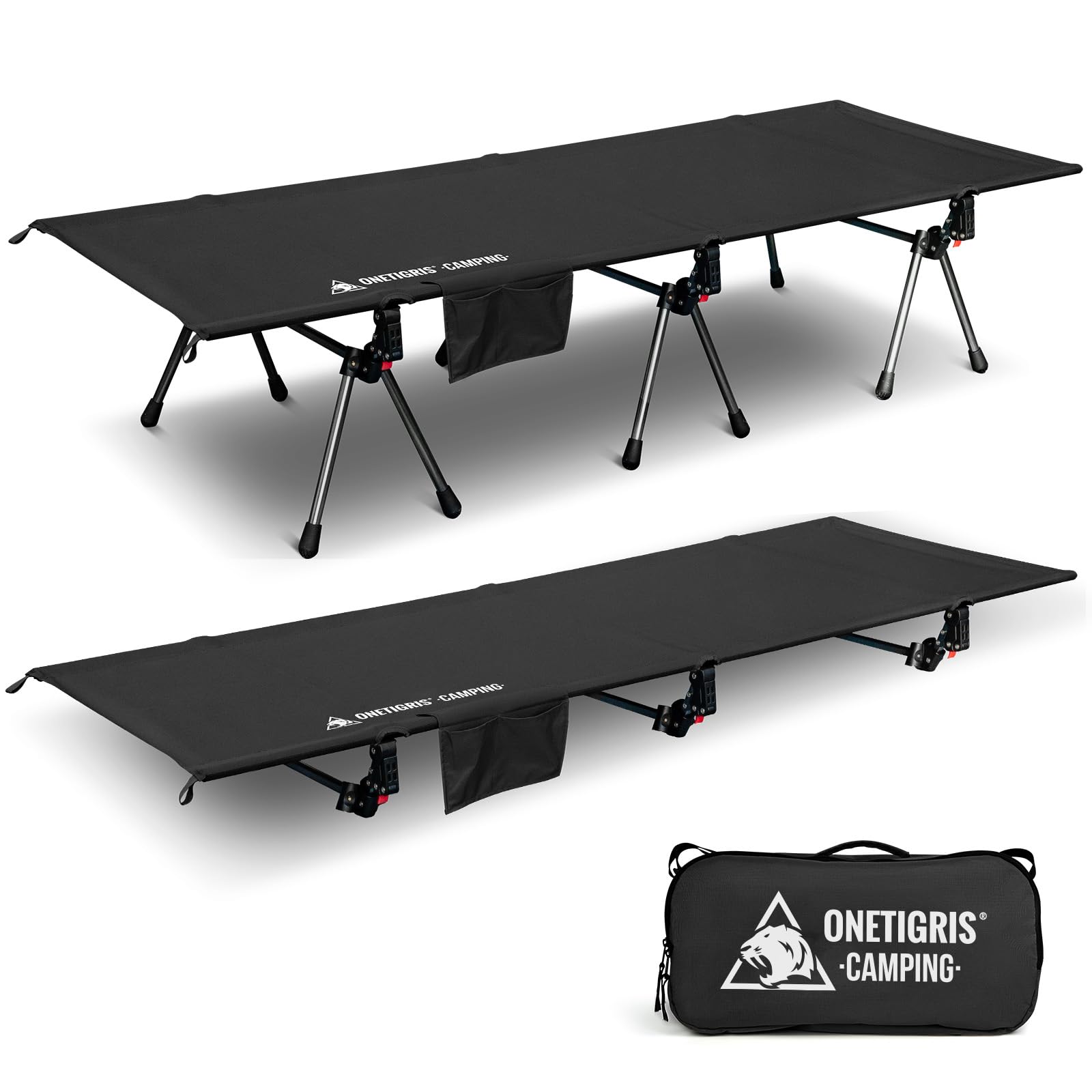 OneTigris SUPRANUBIS Adjustable Height Camping Cot - Heavy Duty 330lbs Support with Leg Extenders - Portable Folding Bed for Outdoor Adventures, Travel, Beach & Office Use - Perfect for Camping, Hiking, Truck Beds & Power Naps (Black)