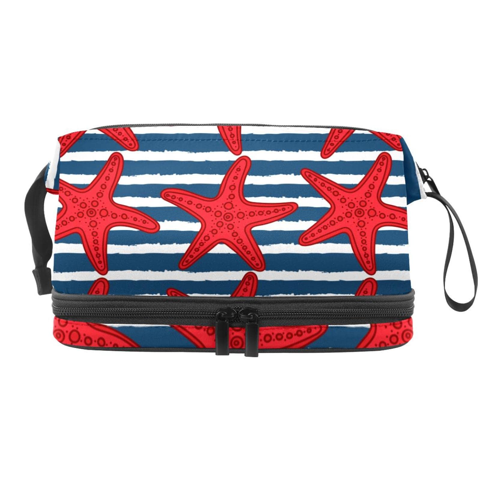 Waterproof Large Makeup Bag for Women - Travel Cosmetic Organizer with Brush Holder, Cute Cartoon Sea Life Starfish Striped Design - Perfect for Summer Beach Trips, Gym & Daily Essentials Storage