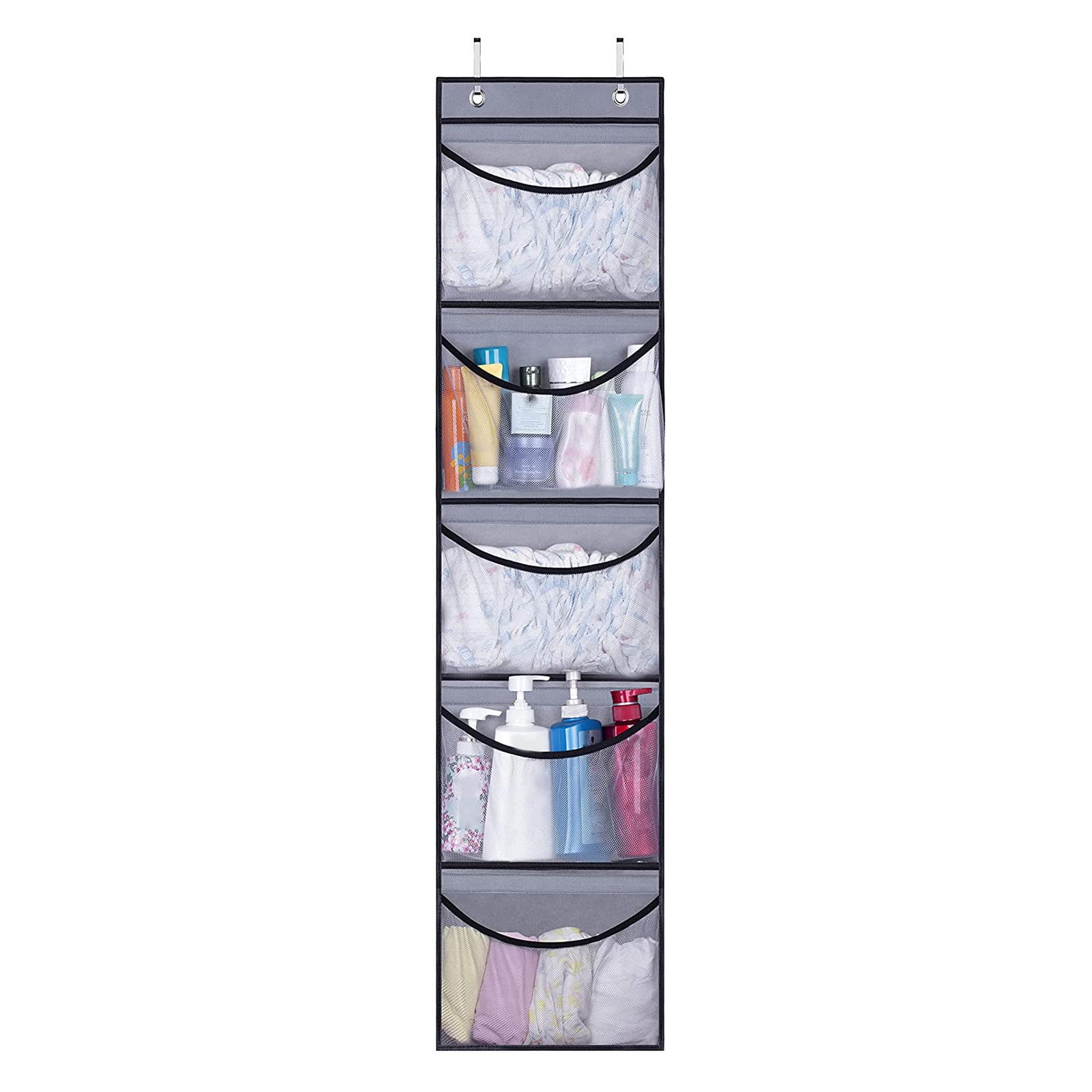 Over The Door Organizer with 5 Zippered Pockets - Space Saving Storage Solution for Closet, Bedroom & Bathroom - Perfect for Organizing Accessories, Toiletries and Small Items (Grey)