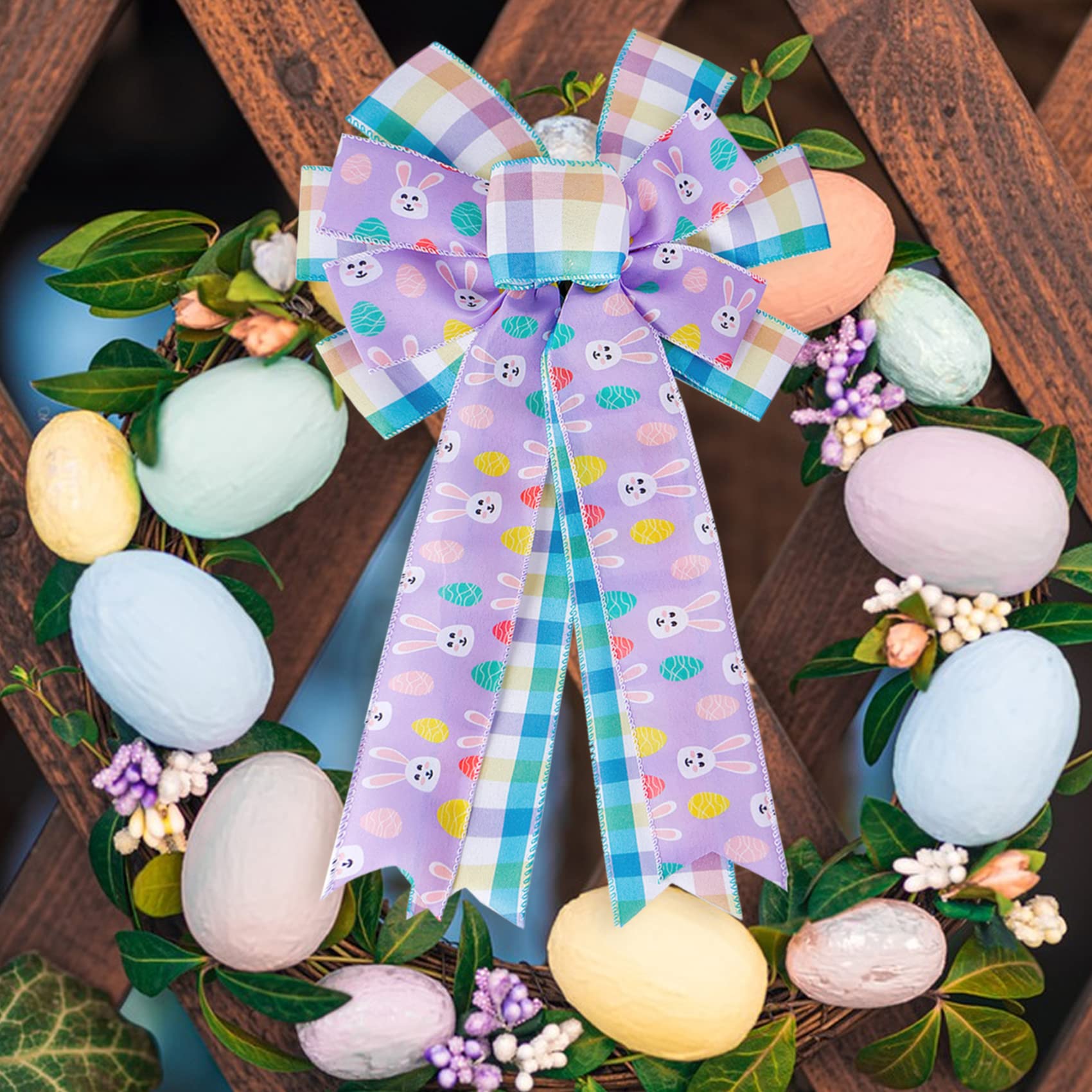 SIMISI Easter Large Wreath Bow - 11x17.7 Inch Burlap Wired Ribbon with Bunny Eggs Decor for Easter Door, Tree & Party | Spring Home Decor, Holiday Wreath Accent, Gift Wrapping Bow