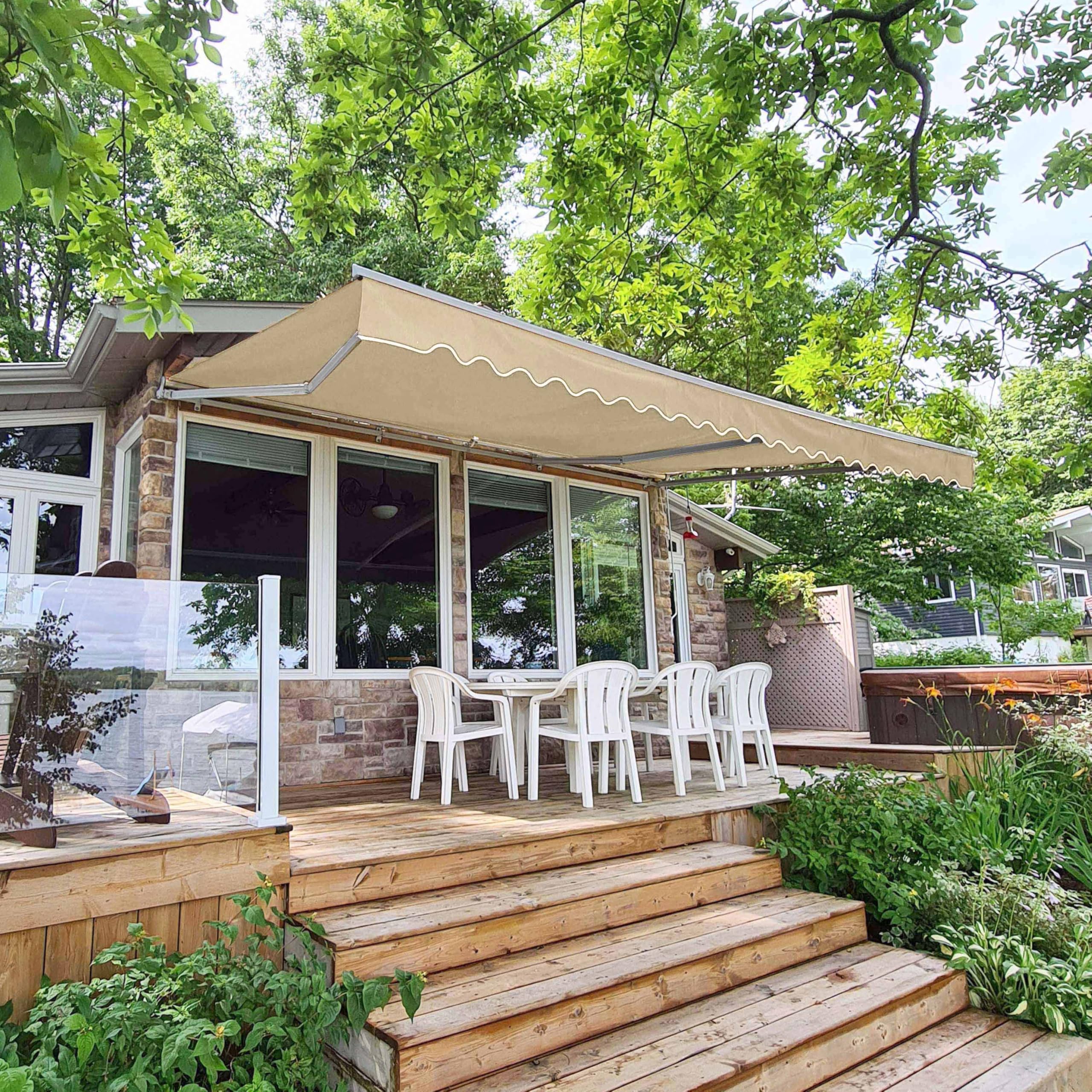 ALEKO 10' x 8' Manual Retractable Patio Awning - Water Resistant Polyester Sun Shade with UV Protection & Crank Handle - Sand Beige for Deck, Backyard, and Outdoor Relaxation