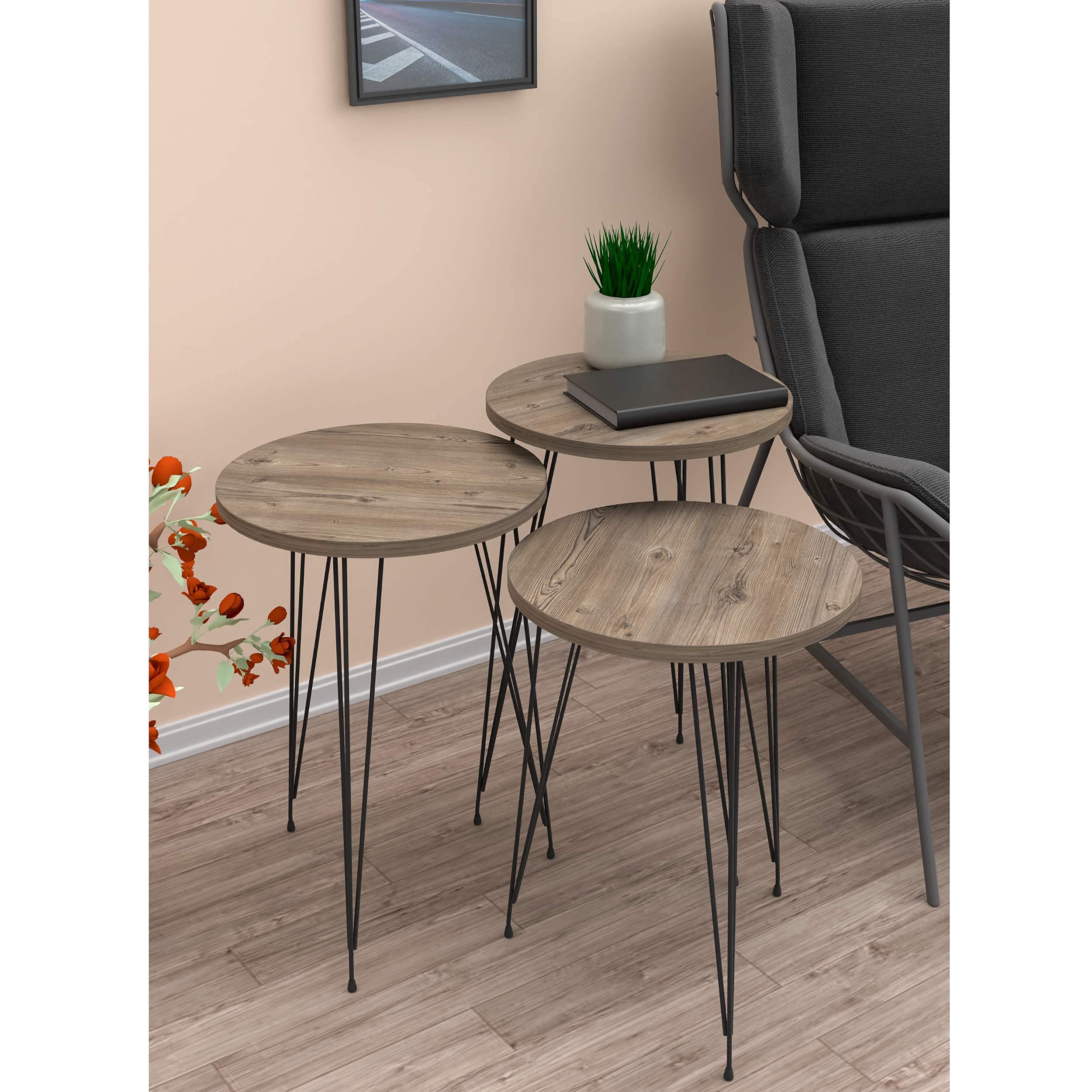 PAK HOME Set of 3 Round Grey Pine Wood Nesting End Tables with Metal Legs - Stackable Coffee Side Accent Tables for Living Room, Bedroom Nightstand & Home Office - Perfect for Small Spaces, Apartment Decor & Modern Furniture Arrangement