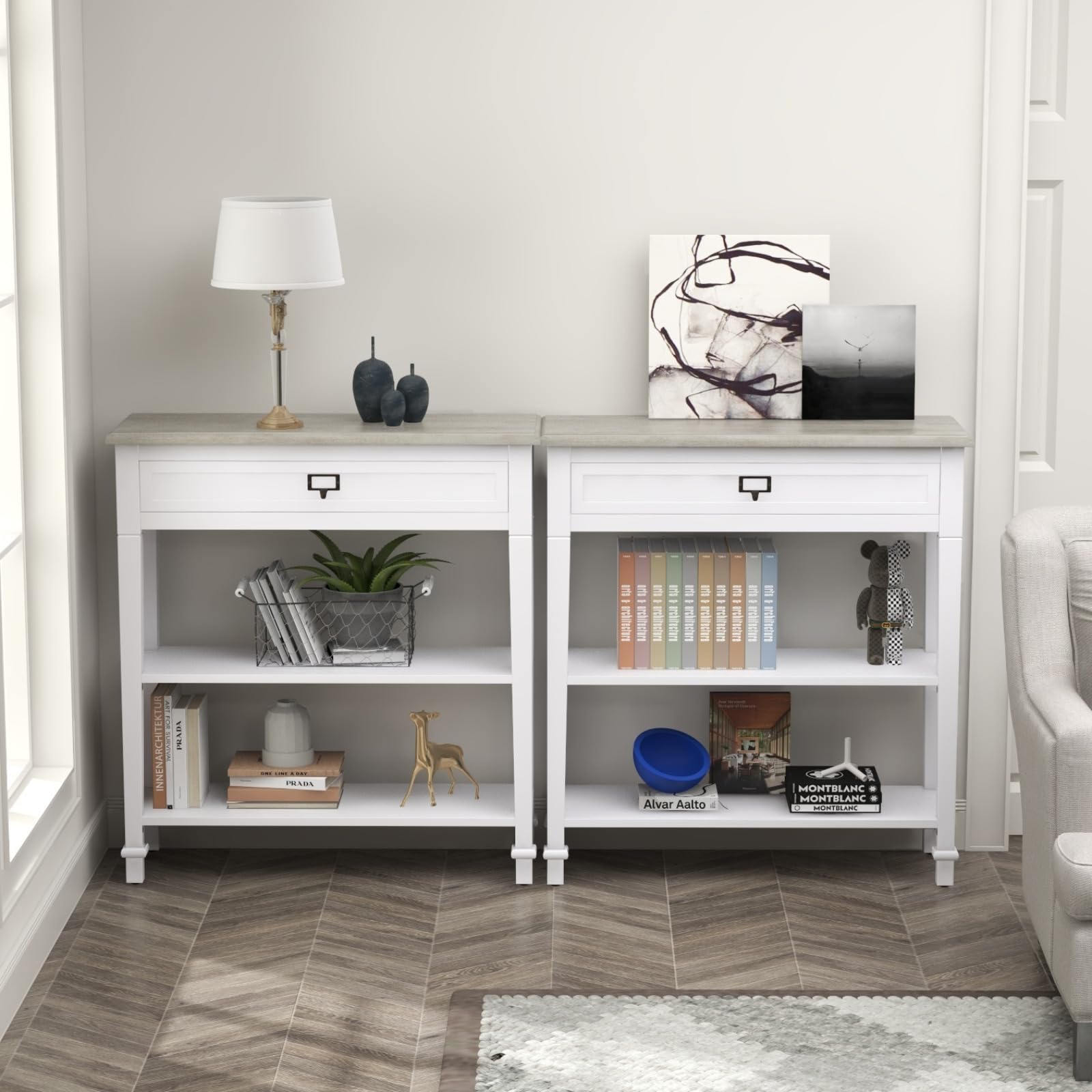 Kinsuite 2-Tier White Small Console Table with Drawer & Shelf - Wooden Entryway Sofa Table with Storage for Hallway, Living Room | Perfect for Narrow Spaces & Home Decor
