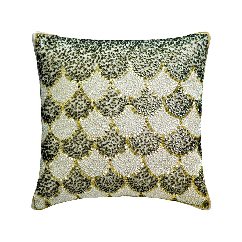 Abigail Ivory, Grey & Gold Velvet Throw Pillow Cover - Luxury Decorative Cushion for Sofa, Bed, Living Room - Soft Home Decor Accent for Modern Interior Design