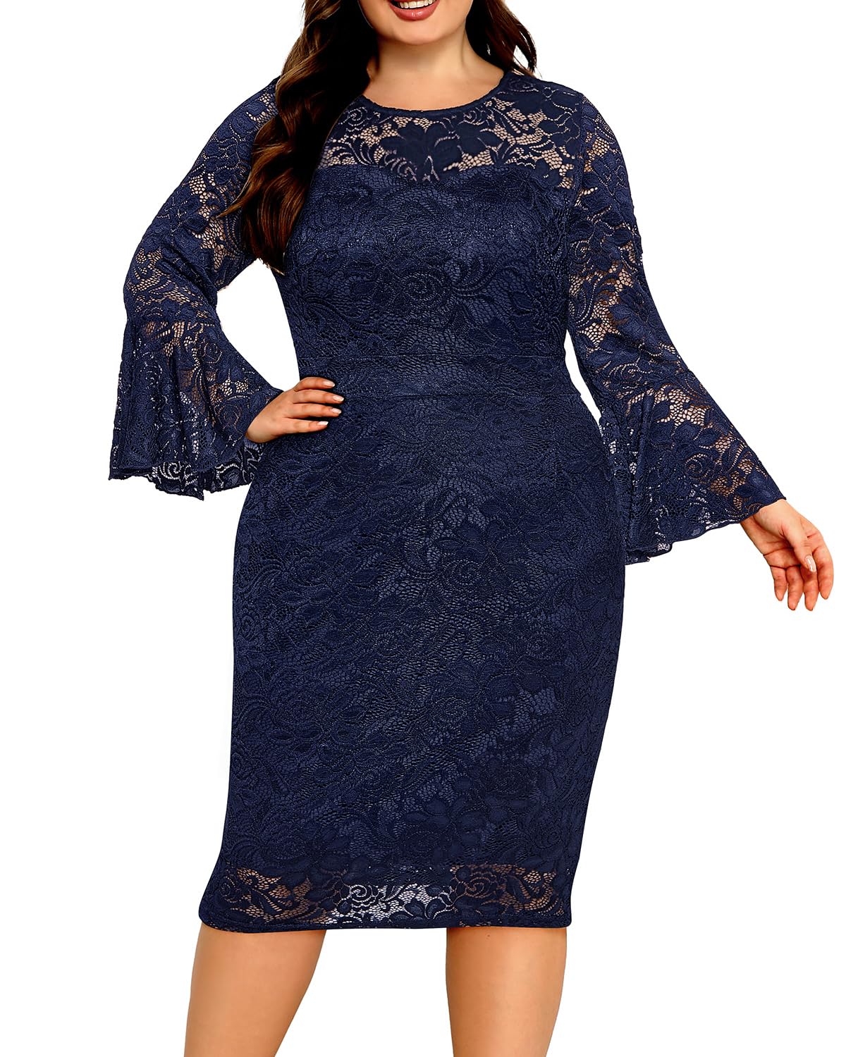 Holipick Women's Plus Size Lace Bell Sleeve Dress for Wedding Guest, Cocktail Party & Special Occasions - Elegant Floral A-Line Formal Dress for Evening Events & Date Nights
