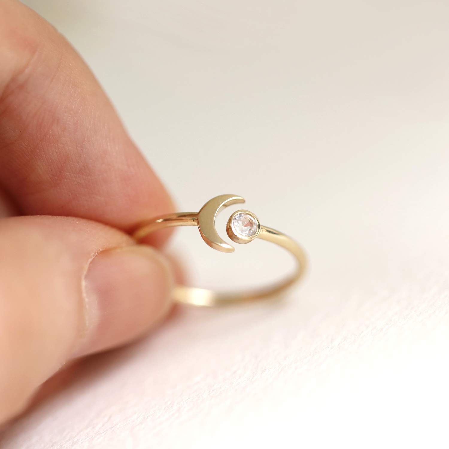 10K 14K Solid Gold Moonstone Open Ring Band - Dainty Unique Stackable Crescent Moon Ring - Natural Moonstone Jewelry for Women - Perfect for Layering, Boho Style & Everyday Wear