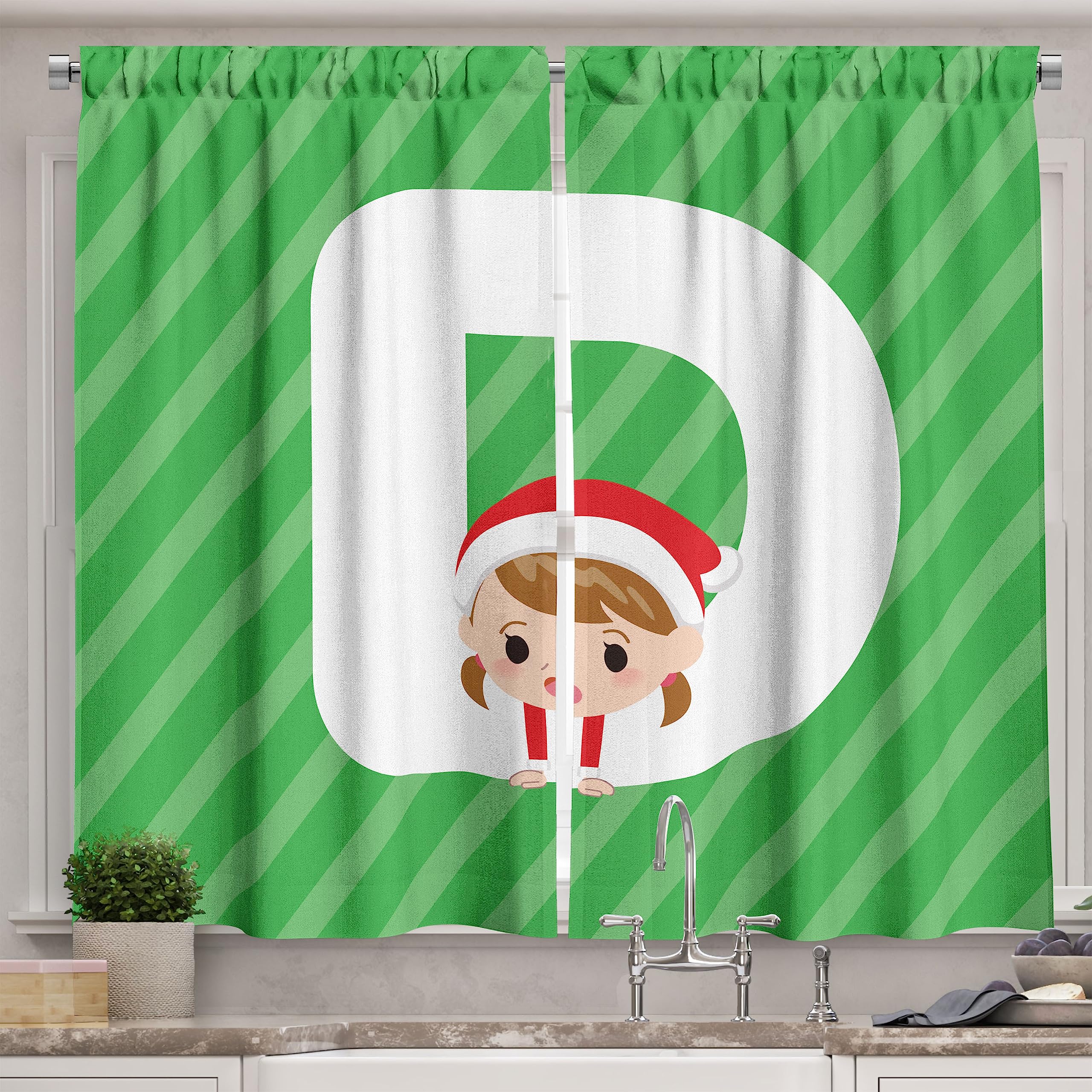 Ambesonne Christmas Alphabet Kitchen Curtains - Santa Letter D Holiday Theme, 2 Panel Rod Pocket Drapes 55
