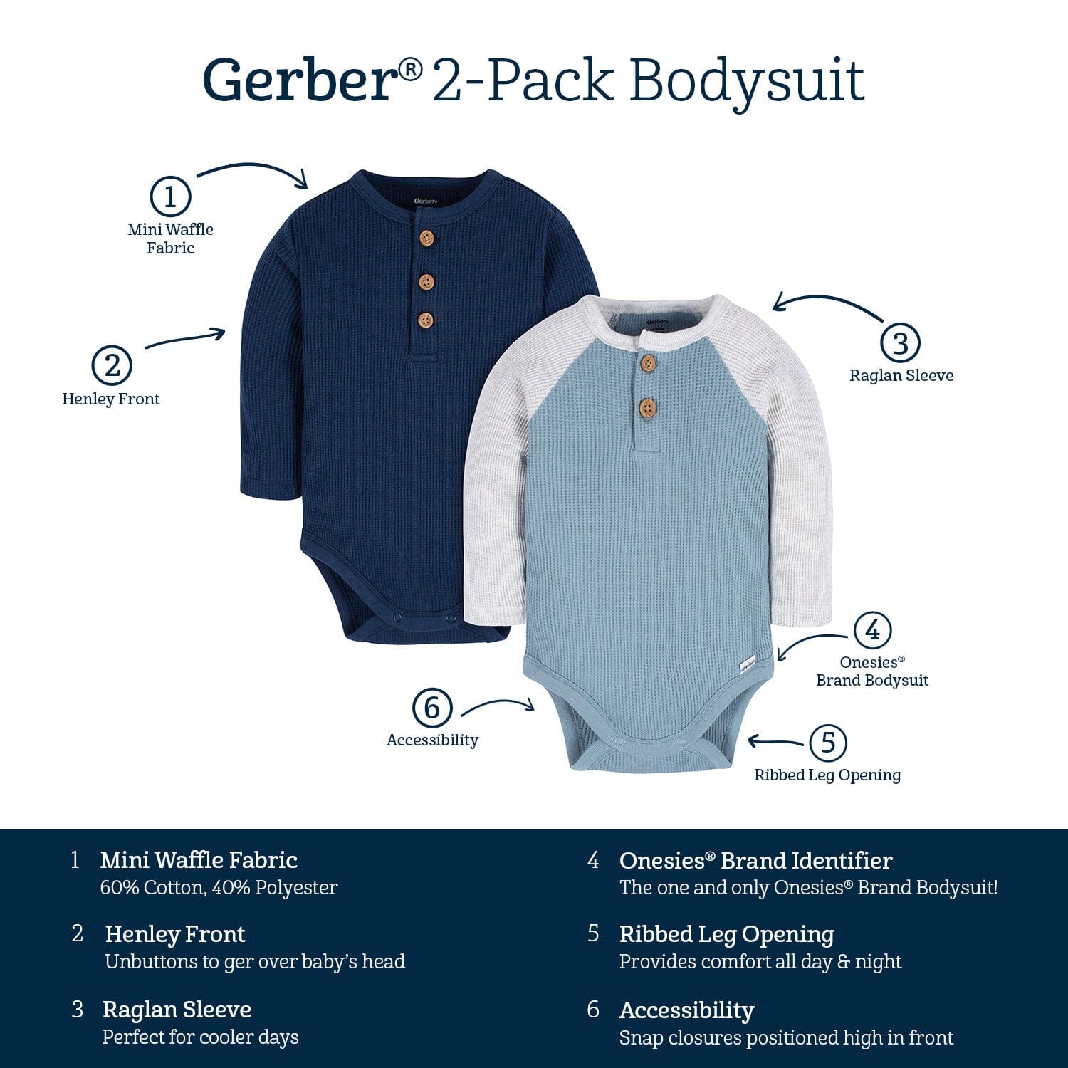 2 Pack Baby Boys Navy & Light Blue Long Sleeve Henley Bodysuits - Soft Cotton Onesies for Newborns & Infants - Perfect for Playtime, Daycare & Family Photos