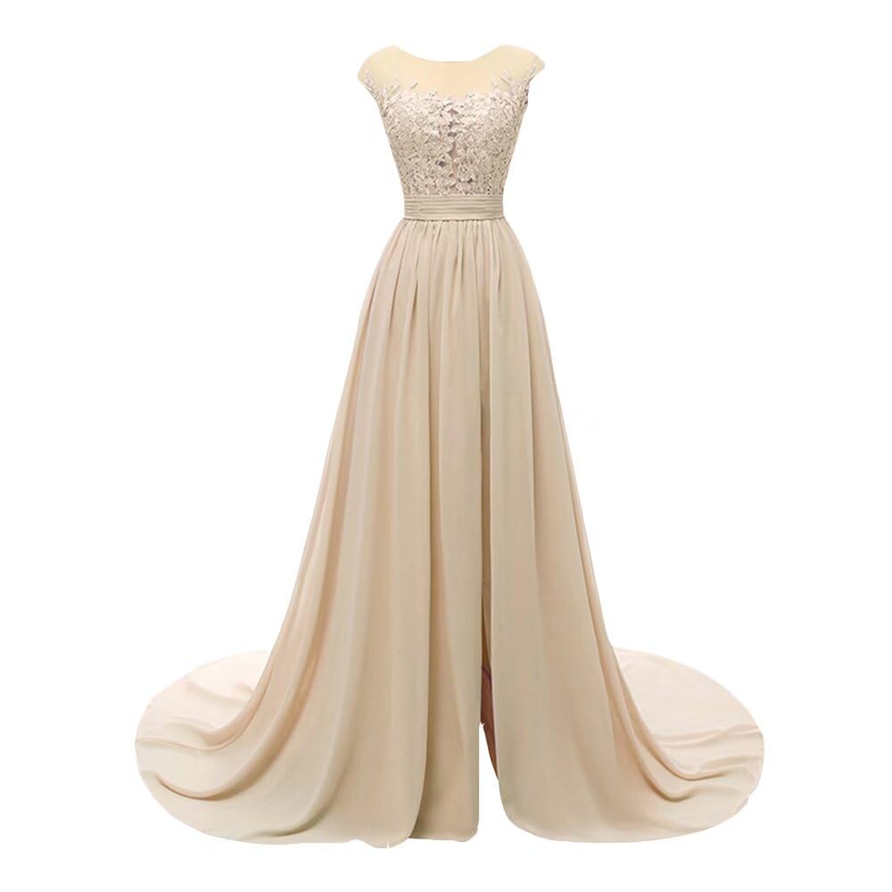 Elegant Women's Lace Sheer Chiffon Bridesmaid Dress - Long High Slit Formal Evening Gown for Wedding, Prom & Special Occasions