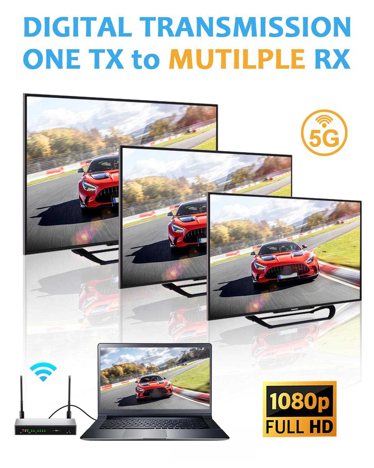 AIMIBO 5.8G Wireless HDMI Extender Kit - 200M/656FT Range, 1080p Full HD Transmission for Monitor/Projector/TV with HDMI Loop-Output, KVM & IR Control, Multi-Receiver Support - Perfect for Home Theater, Conference Room & Gaming Setup (Silver)