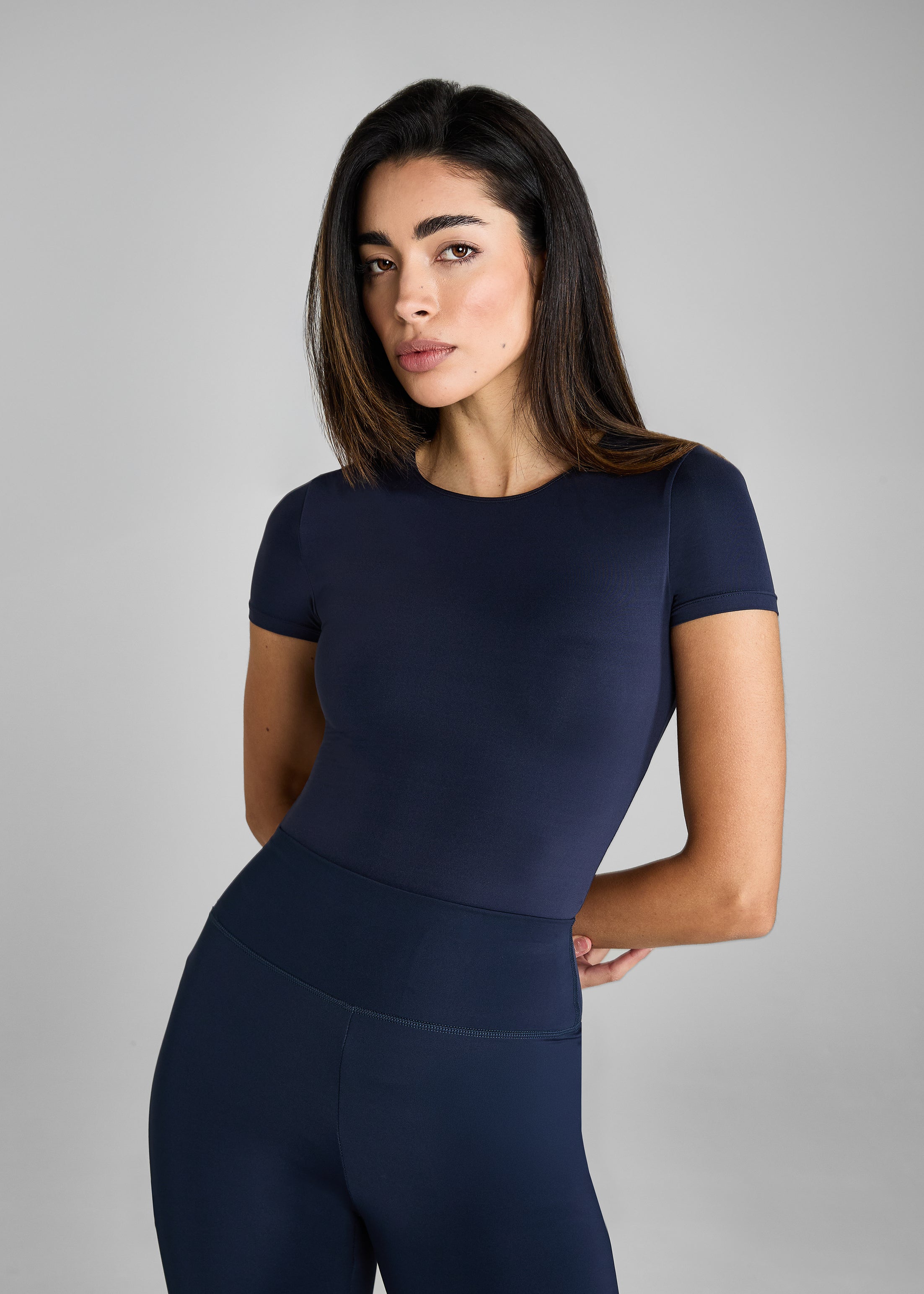 Premium Navy Short Sleeve Sculpt Top for Women - Slim Fit Workout Shirt for Yoga, Gym & Casual Wear | Moisture Wicking & Breathable Activewear