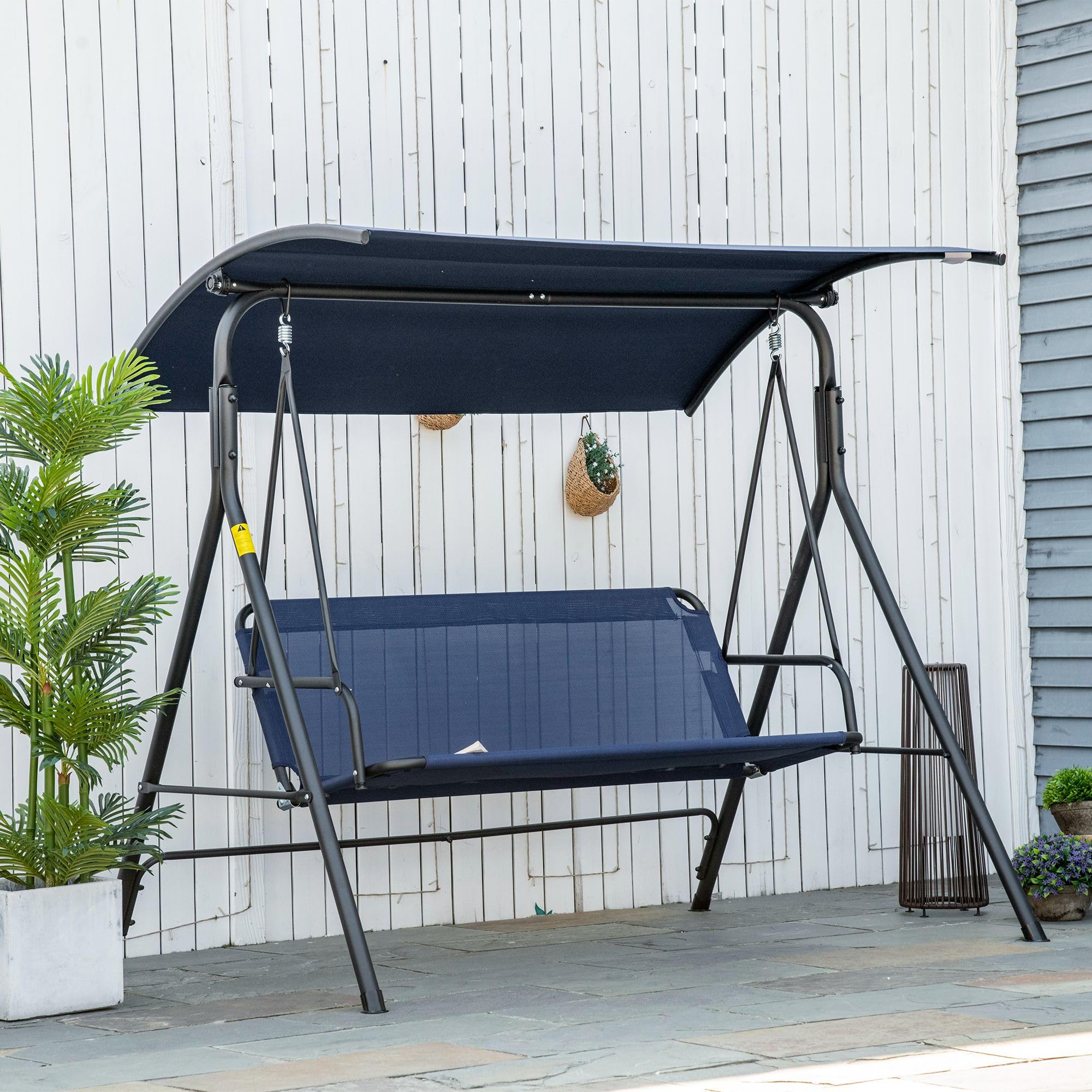 Outsunny 3-Person Outdoor Porch Swing with Stand - Steel Frame Patio Swing Bench with Adjustable Canopy & Comfortable Seat, Dark Blue - Perfect for Backyard, Garden, Deck Relaxation