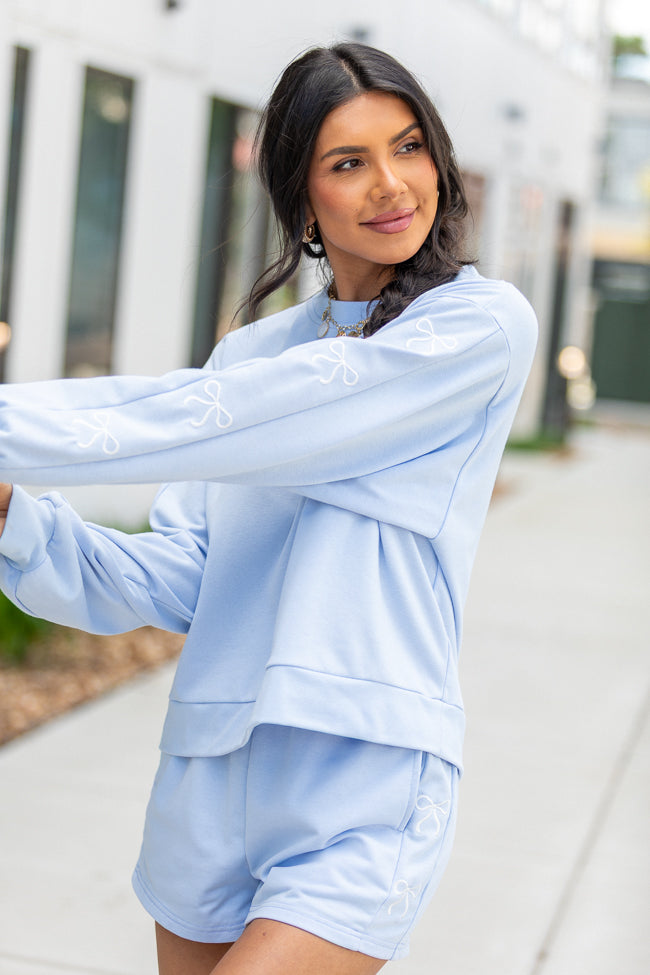Light Blue Bow Crewneck Long Sleeve Sweatshirt for Women - Soft Casual Pullover Top for Everyday Wear | Perfect for Outfits, Dates & Cozy Loungewear