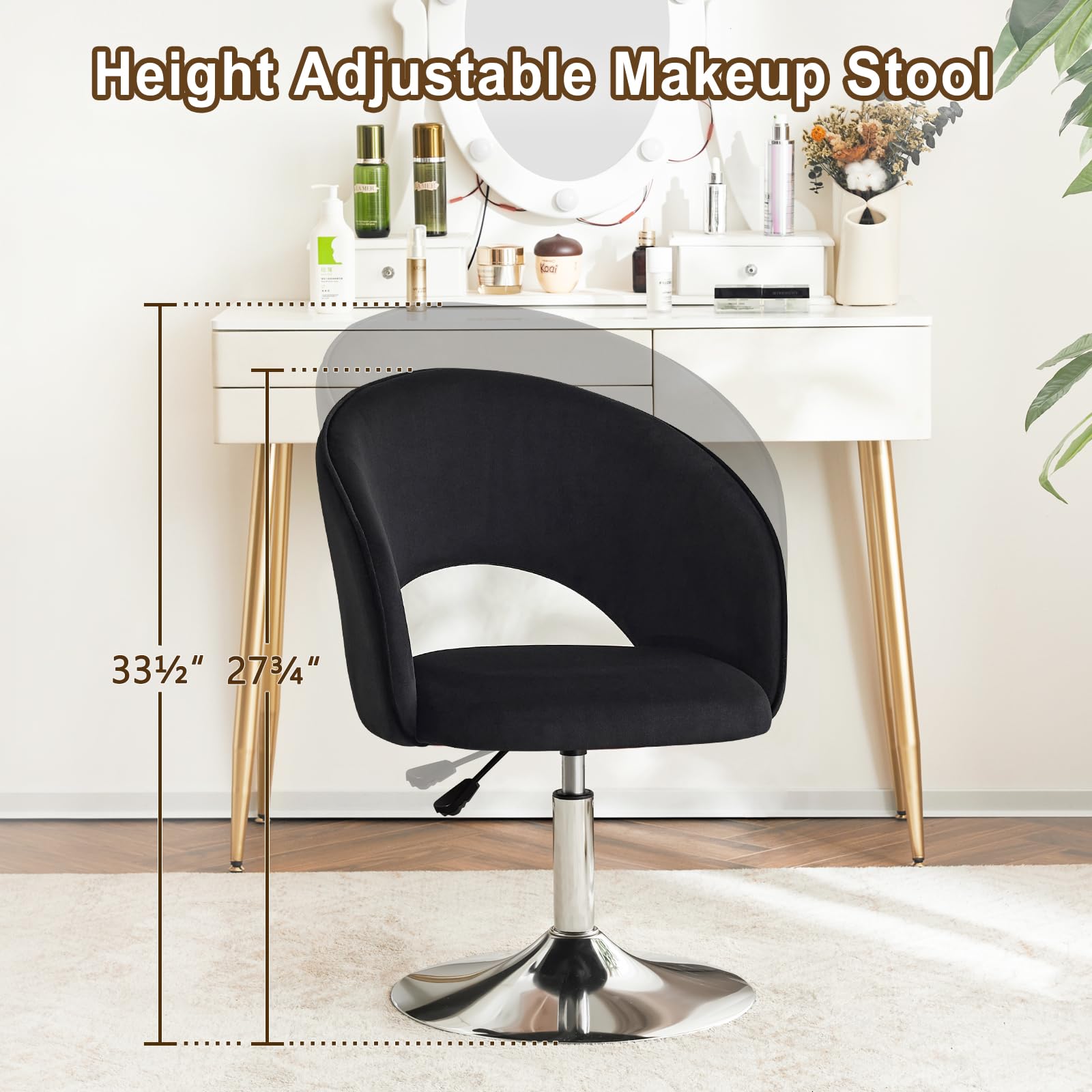 Furnimart Adjustable Black Velvet Vanity Chair with Back - Swivel Makeup Stool with Chrome Frame & Hollow Backrest - Accent Chair for Living Room, Bedroom, Dressing Table - Perfect for Makeup, Reading & Relaxing (Black)