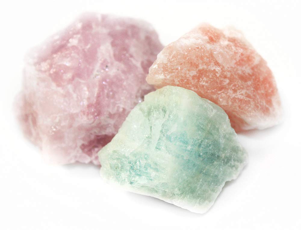 Natural Halite, Rose Quartz & Aquamarine Rough Crystal Mineral Specimen Bundle - Healing Stones Collection for Meditation, Home Decor & Crystal Healing Therapy