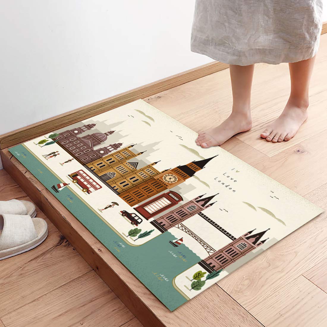 London City Clock Pendulum Doormat - British Style Nostalgic Landscape Illustration, Non-Slip Indoor Welcome Mat for Front Door Entrance (18