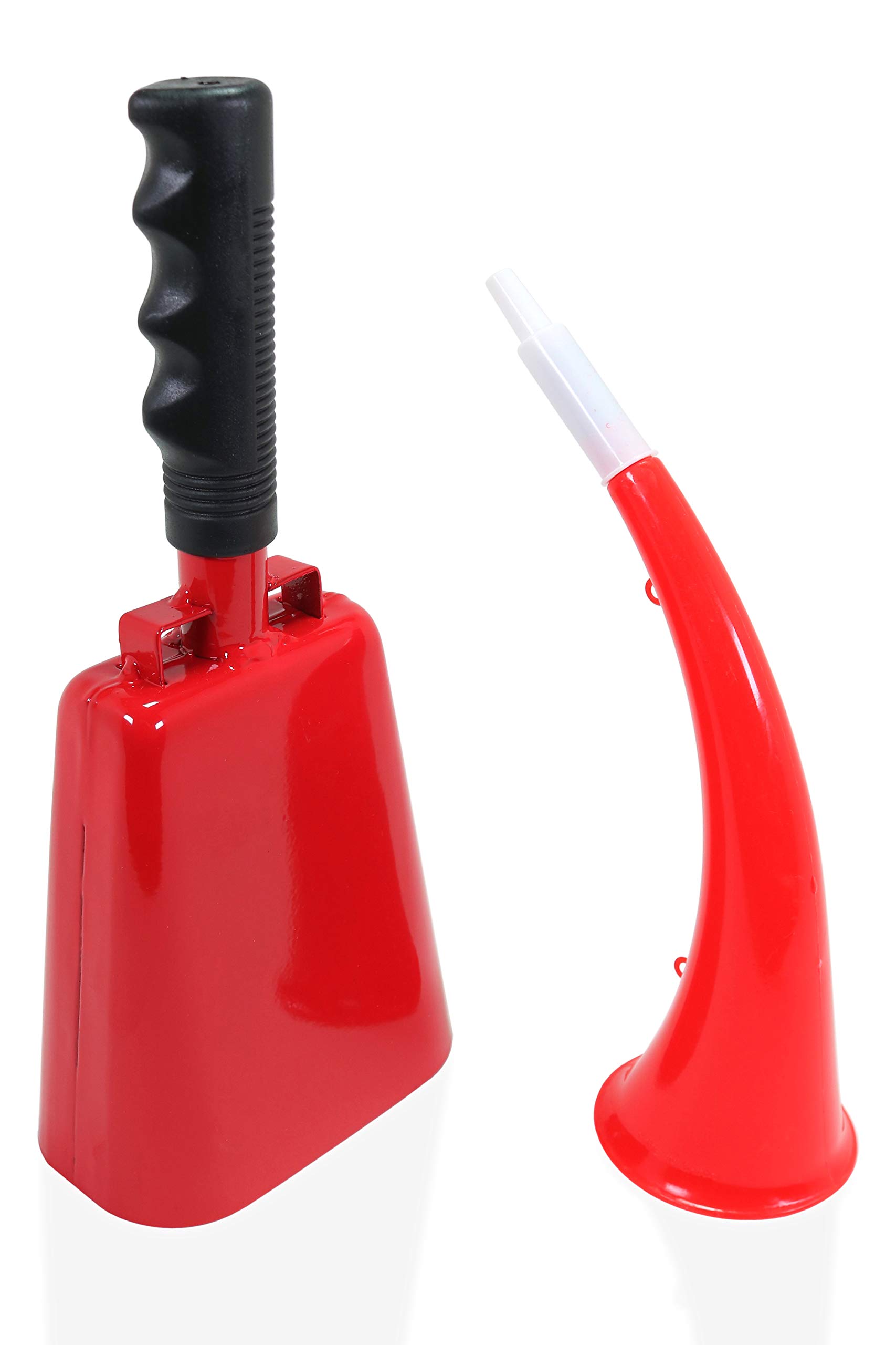 11 Inch Red Cowbell Noisemaker with Plastic Handle & Zinc Alloy Clapper - Loud Sporting Event Accessory, Wedding Cheer Tool, Party Noise Maker - Includes Free Plastic French Horn (Perfect for Football Games, Concerts & Celebrations)