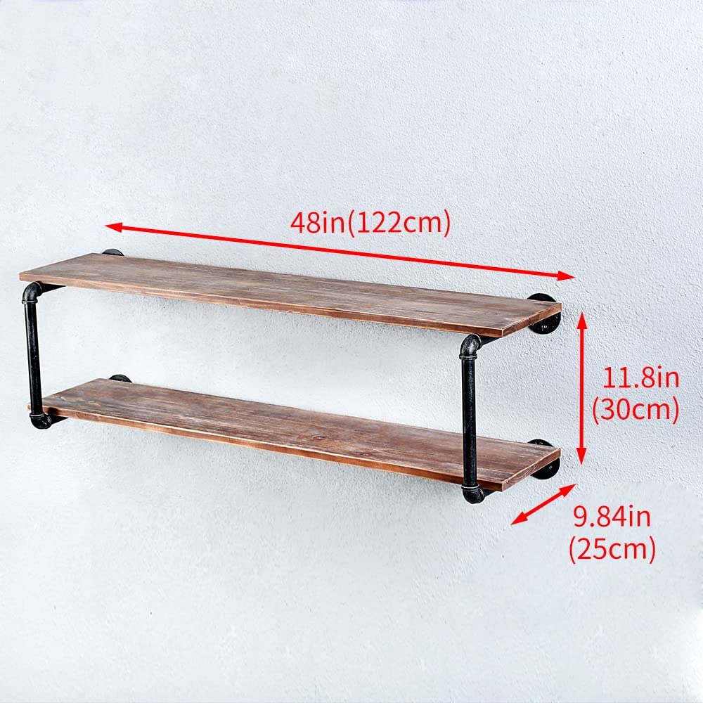 Industrial Pipe Floating Shelves for Wall - 48in 2-Tier Metal & Wood Wall Mounted Shelving - Perfect for Living Room, Bedroom, and Office Storage & Display